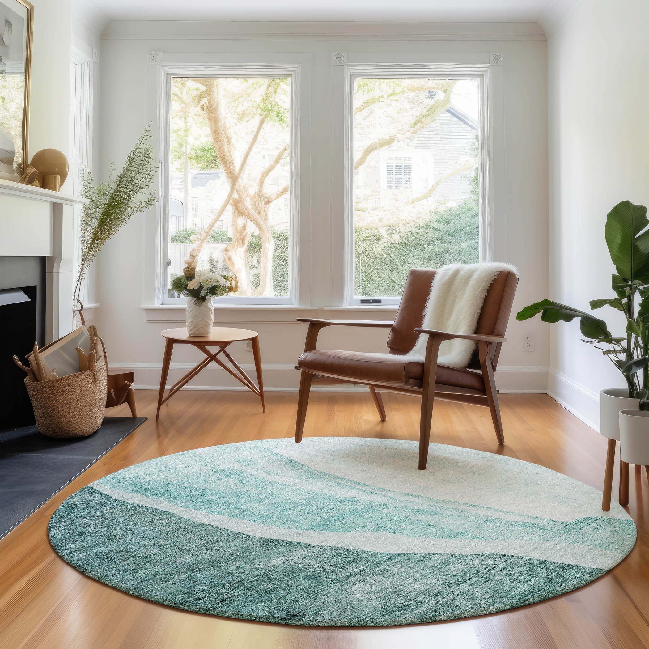 Seville Machine Washable Transitional Teal Rug 8' x 8' #shape_Round
