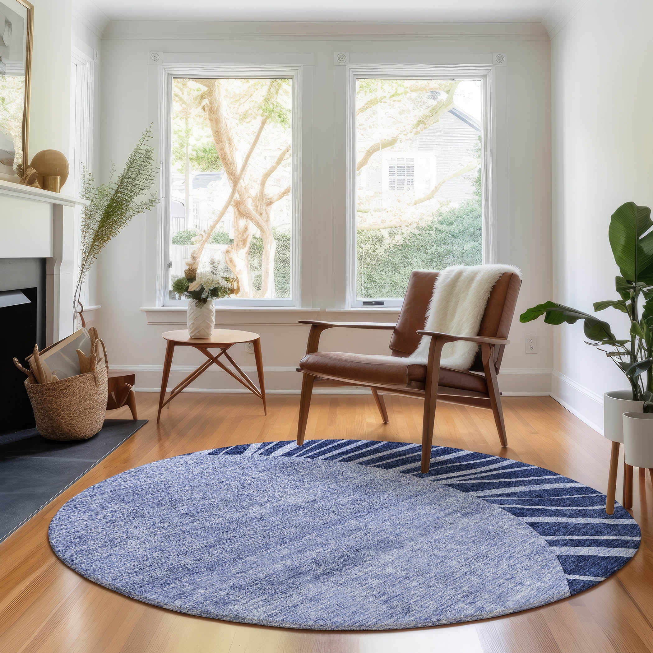 Ghent Machine Washable Transitional Navy Blue Rug 8' x 8' #shape_Round
