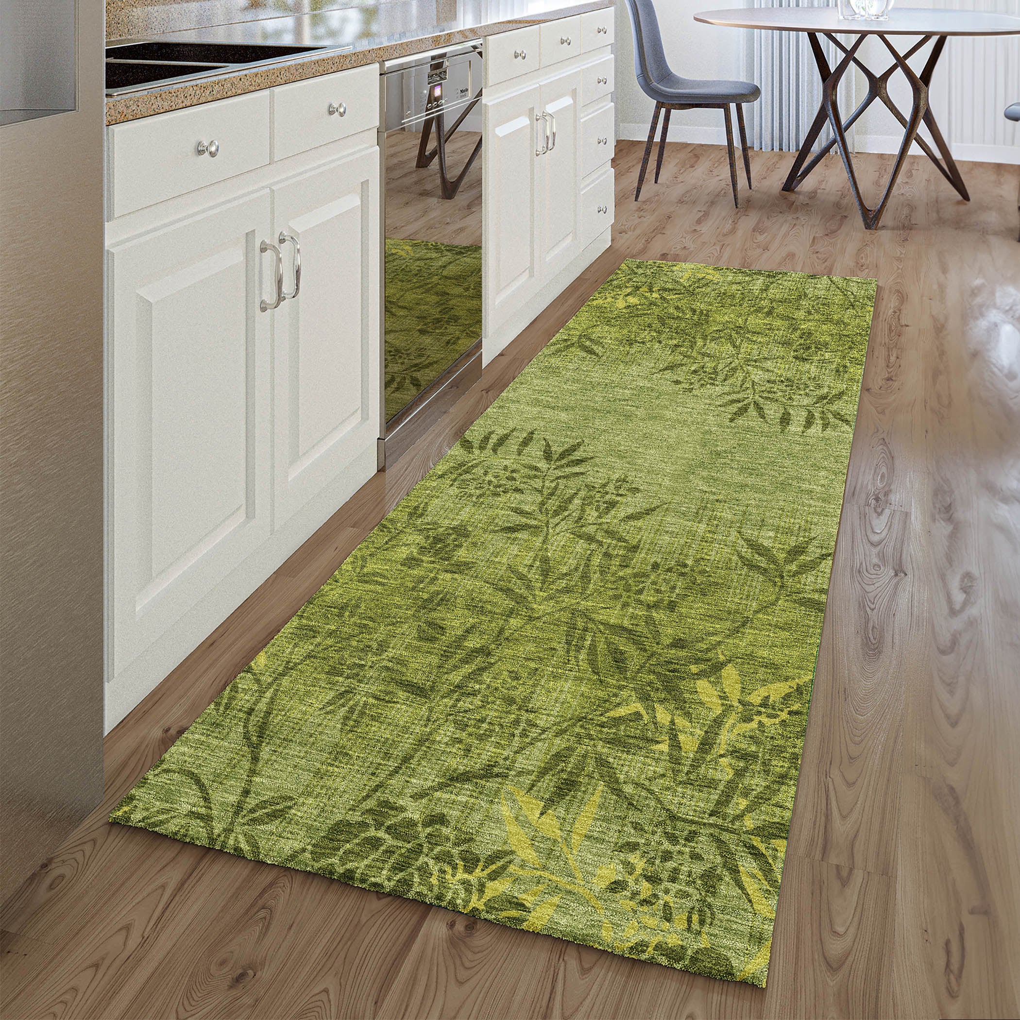 Queenstown Machine Washable Transitional Olive Green Rug 2'3" x 7'6" #shape_Runner