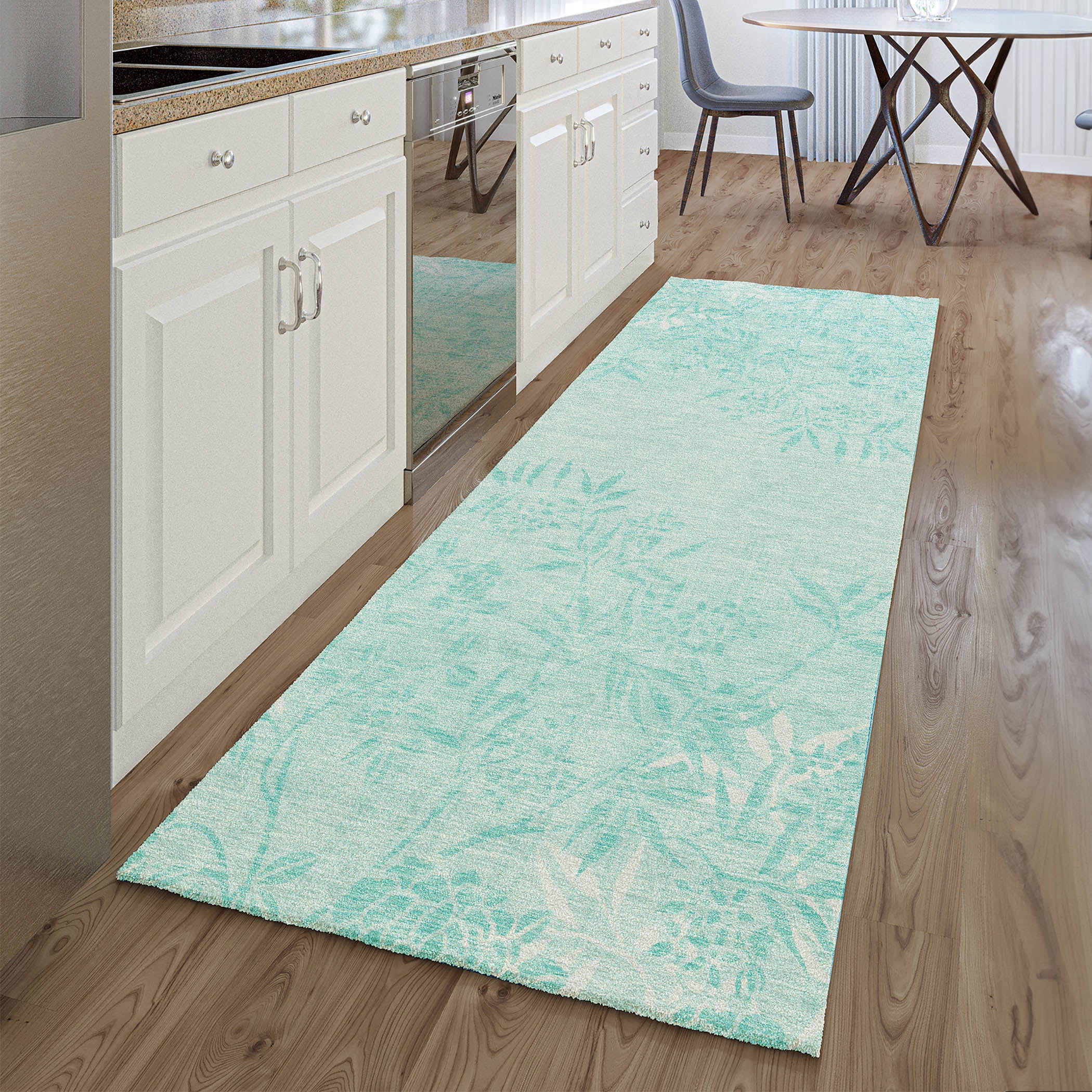 Queenstown Machine Washable Transitional Teal Rug 2'3" x 7'6" #shape_Runner