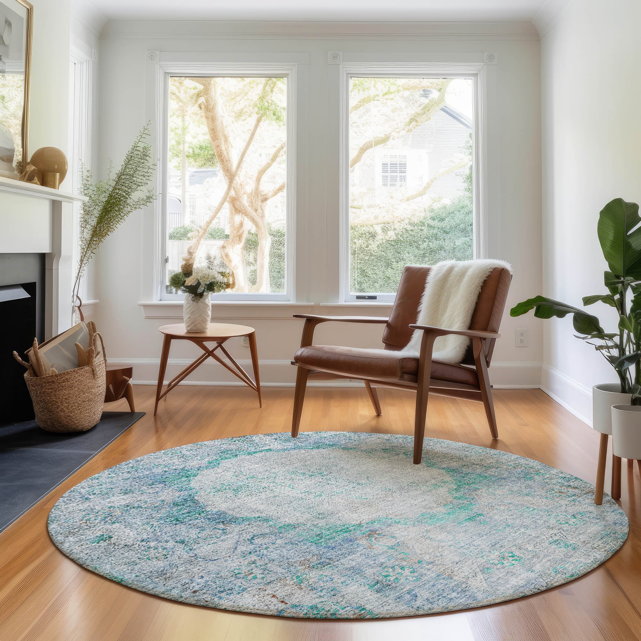 Budapest Machine Washable Traditional Teal Rug 8' x 8' #shape_Round
