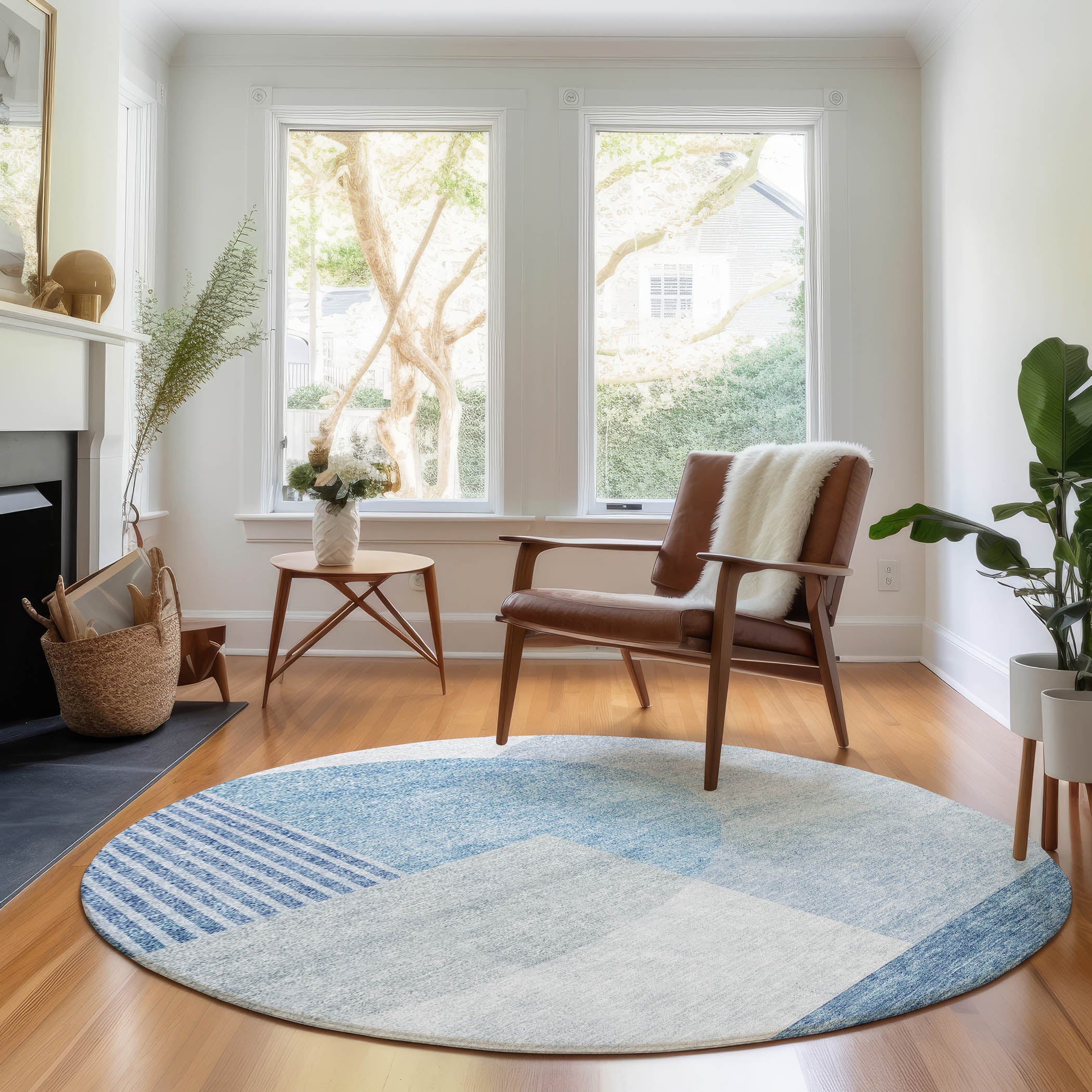 Montevideo Machine Washable Transitional Blue Rug 8' x 8' #shape_Round