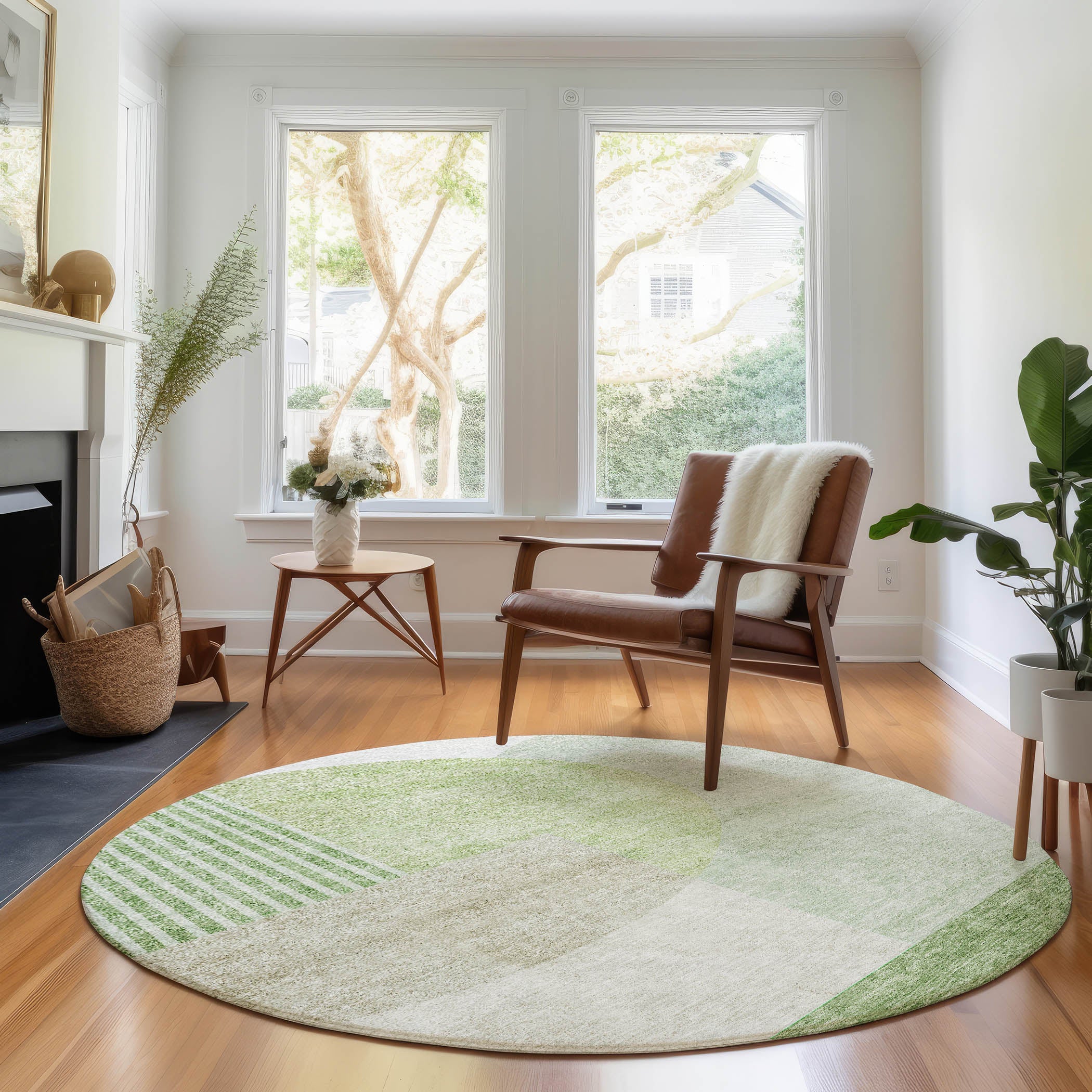 Montevideo Machine Washable Transitional Olive Green Rug 8' x 8' #shape_Round
