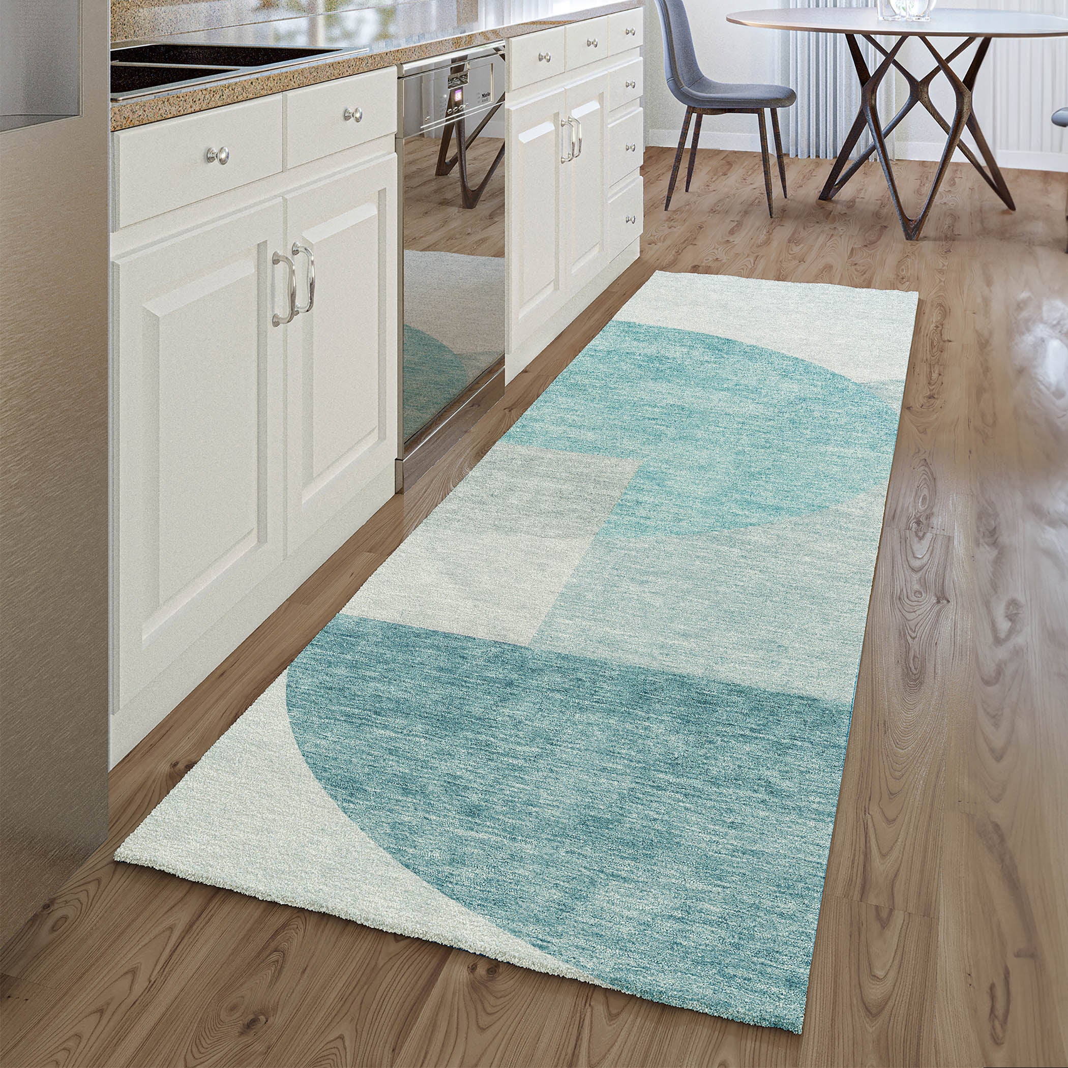 Montevideo Machine Washable Transitional Teal Rug 2'3" x 7'6" #shape_Runner