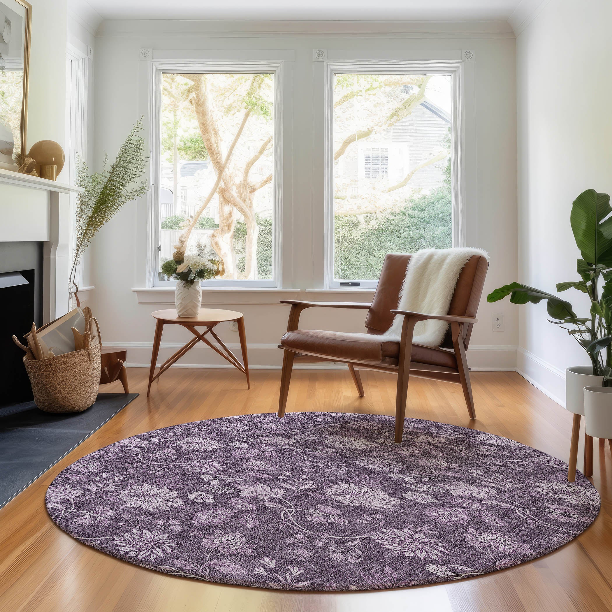 Cartagena Machine Washable Transitional Plum Purple Rug 8' x 8' #shape_Round