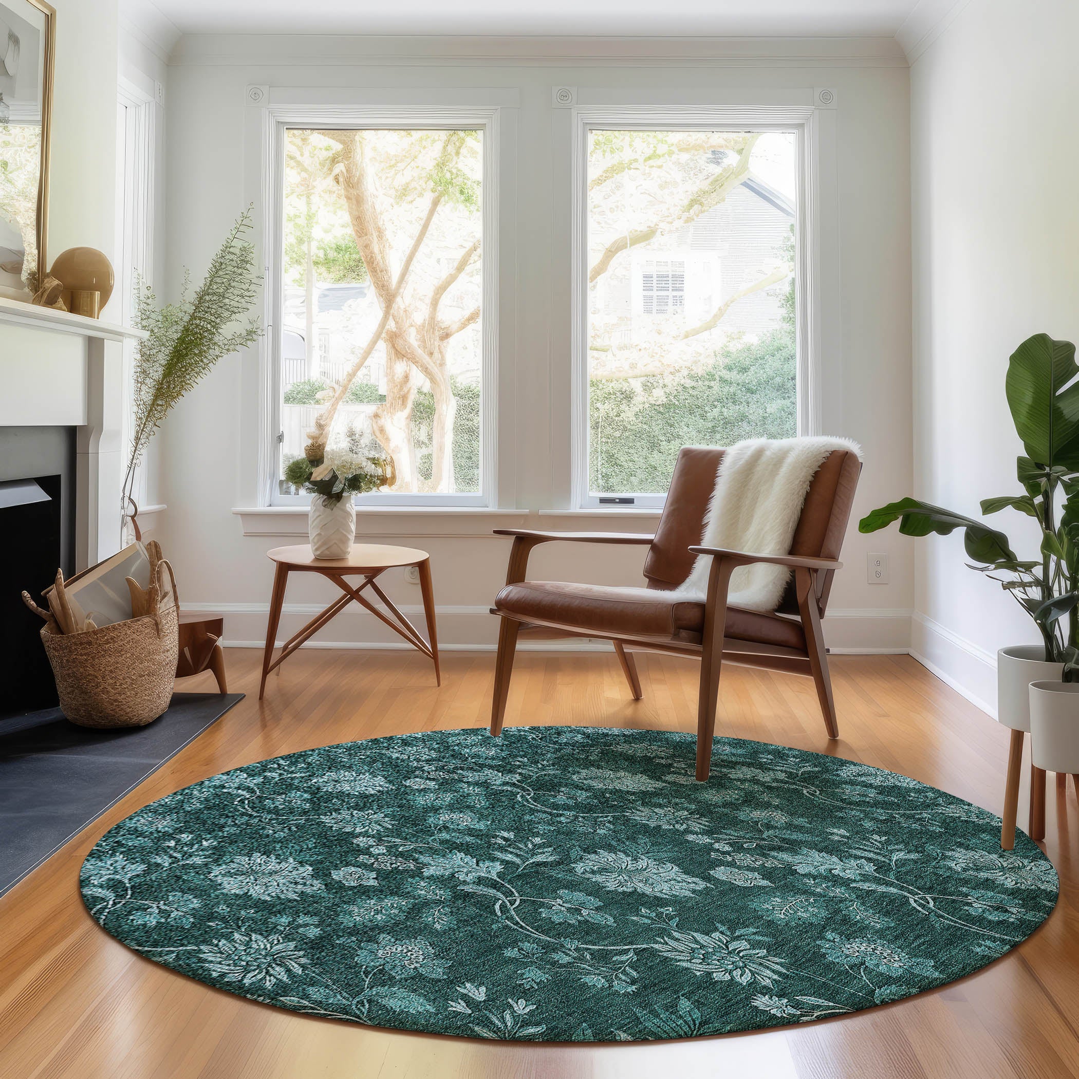Cartagena Machine Washable Transitional Teal Rug 8' x 8' #shape_Round