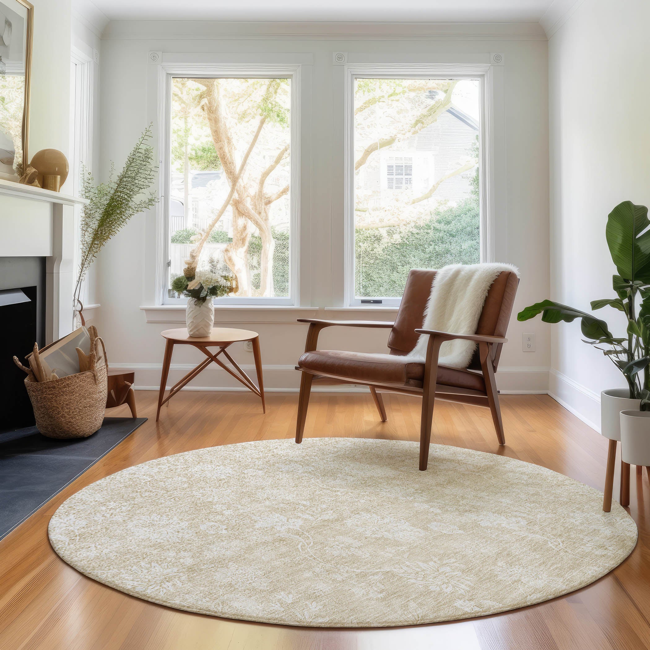 Prague Machine Washable Transitional Beige Brown Rug 8' x 8' #shape_Round