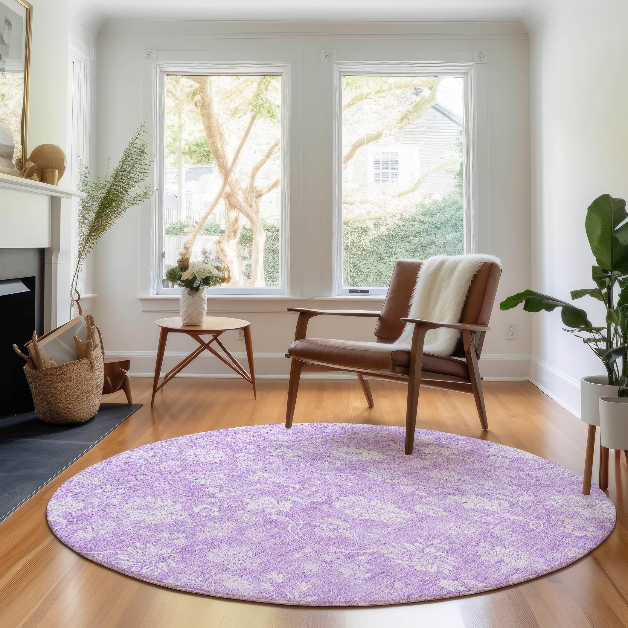 Prague Machine Washable Transitional Lilac Purple Rug 8' x 8' #shape_Round