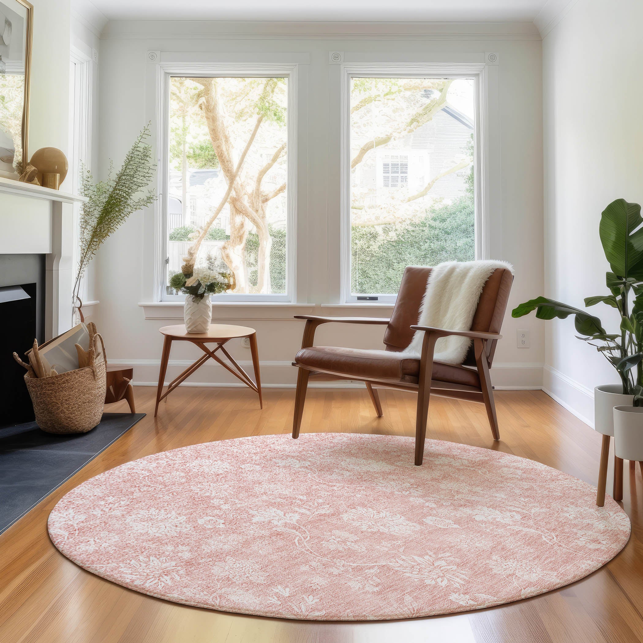 Prague Machine Washable Transitional Pink Rug 8' x 8' #shape_Round