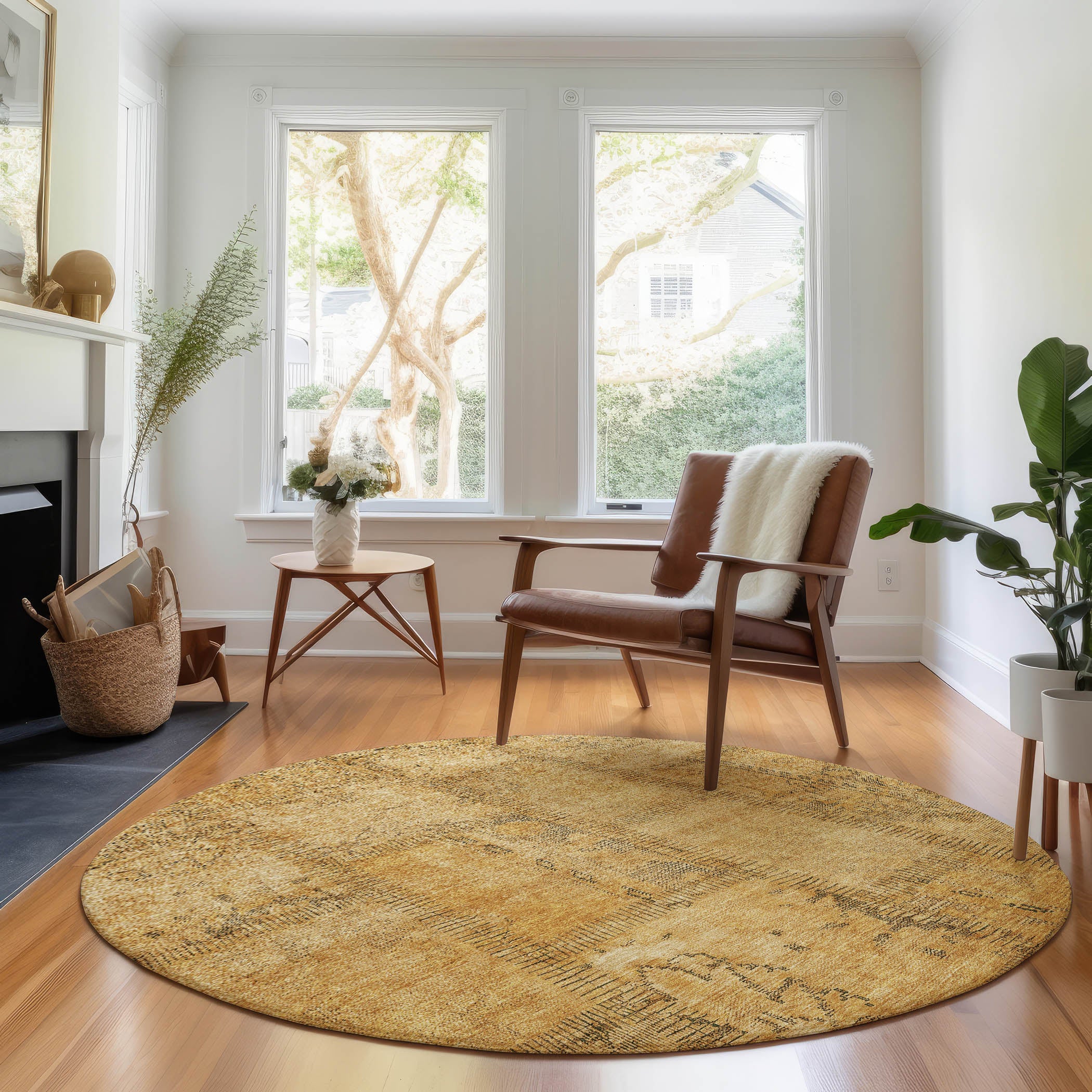 Lisbon Machine Washable Transitional Copper Orange Rug 8' x 8' #shape_Round