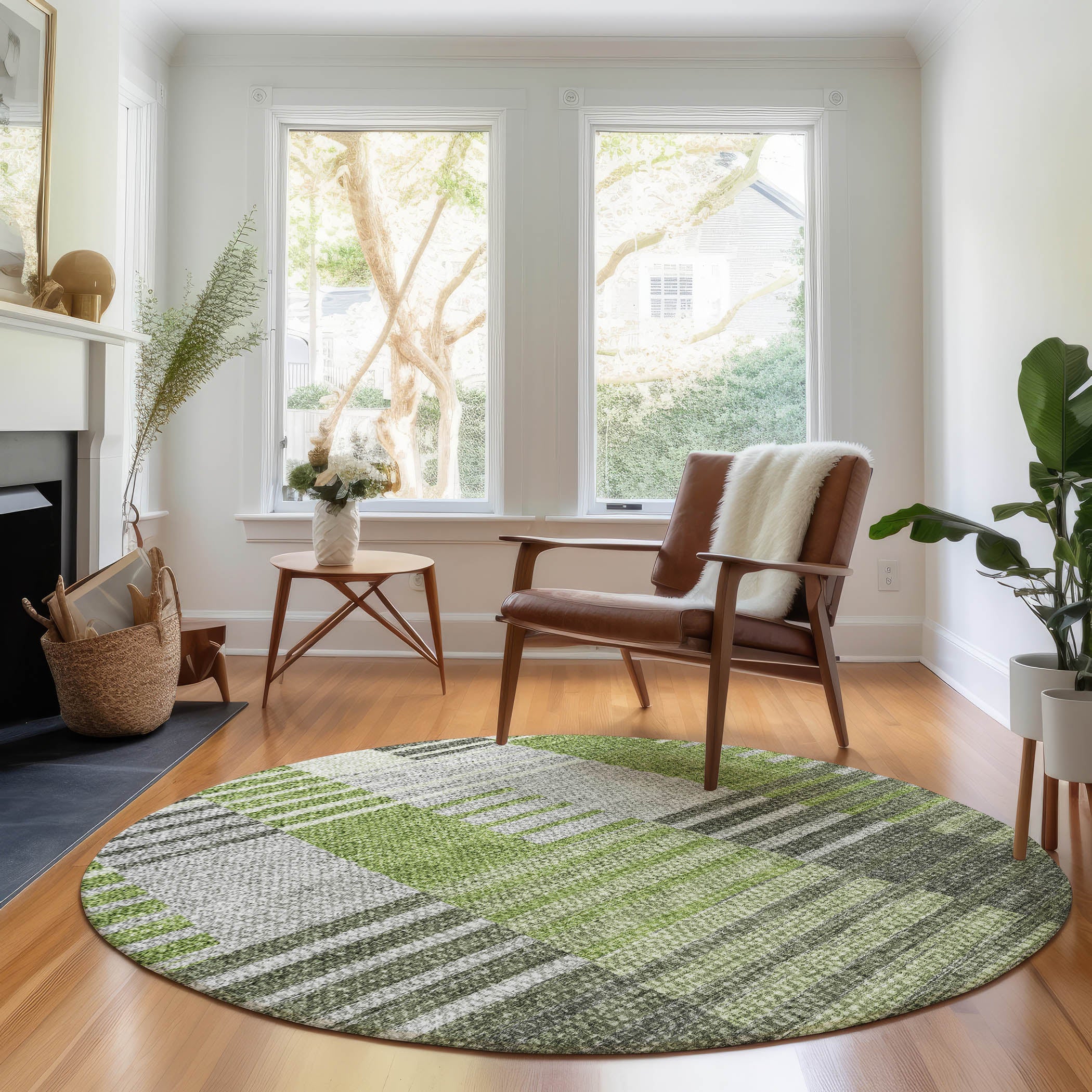 Zanzibar Machine Washable Transitional Green Rug 8' x 8' #shape_Round