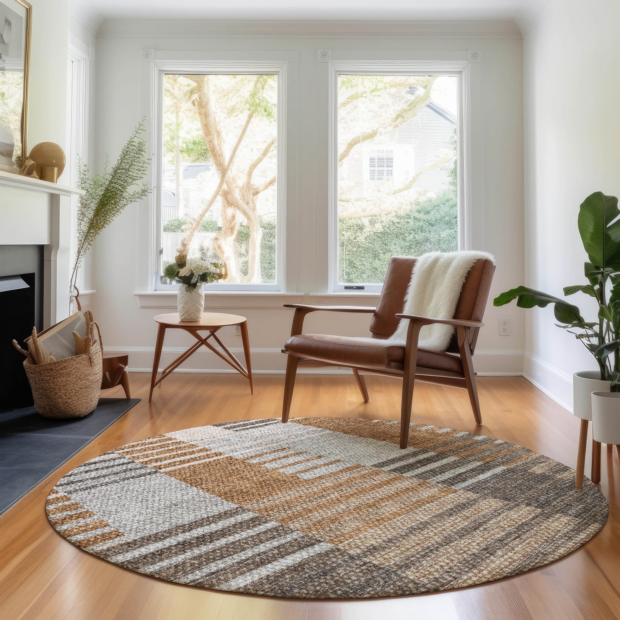 Zanzibar Machine Washable Transitional Paprika Orange Rug 8' x 8' #shape_Round