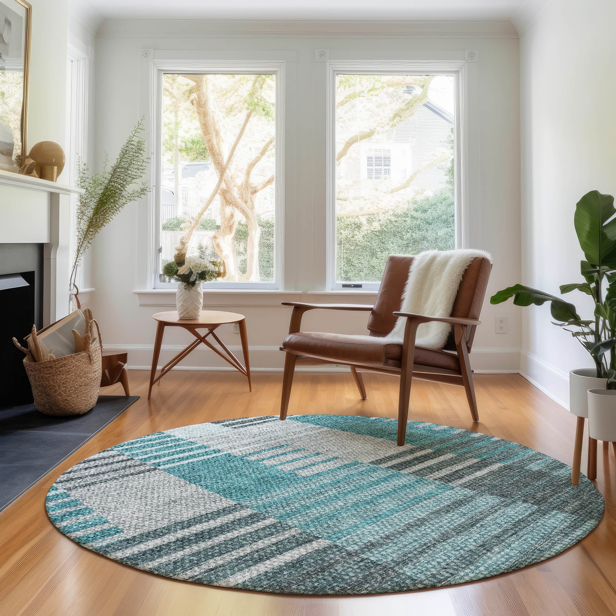 Zanzibar Machine Washable Transitional Teal Rug 8' x 8' #shape_Round