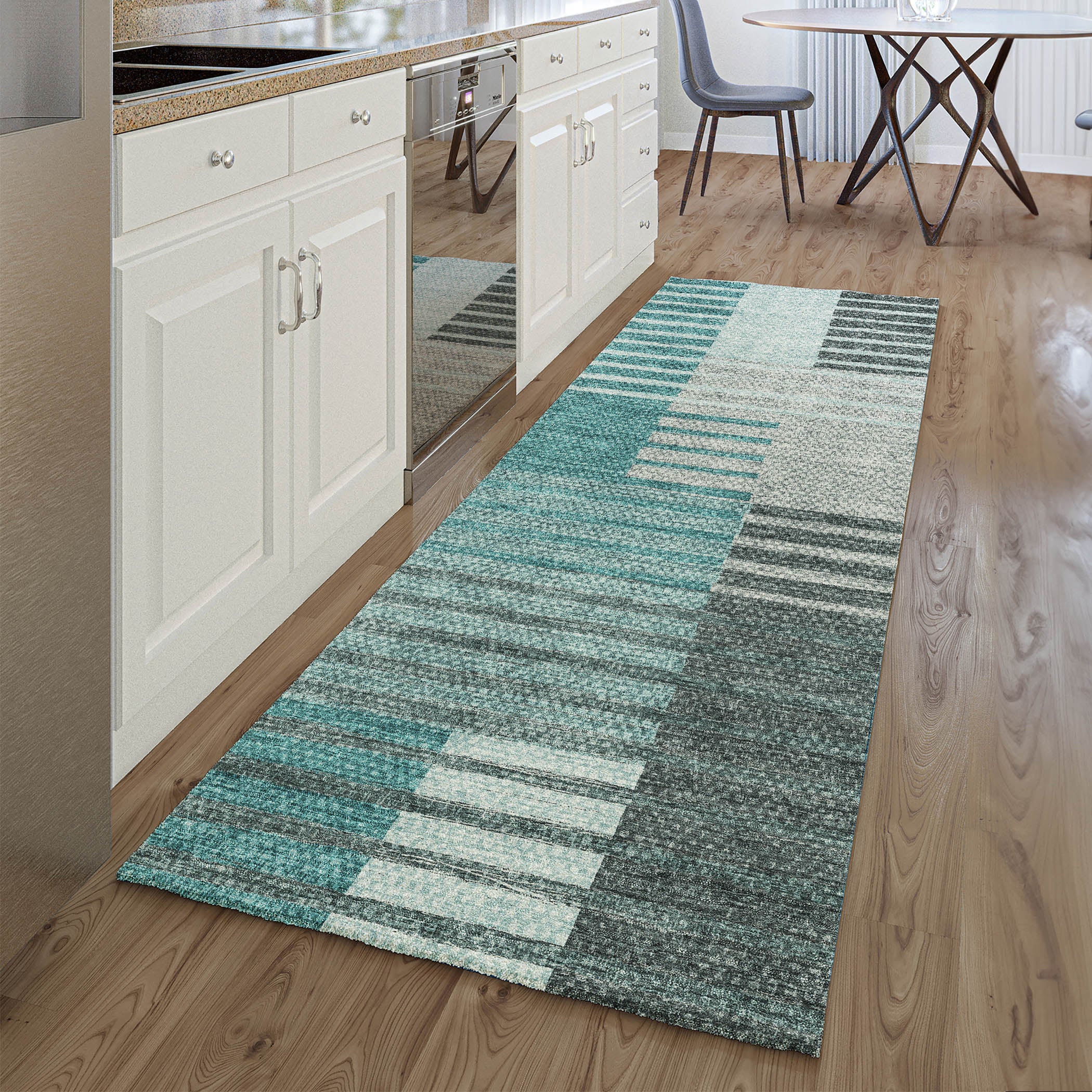 Zanzibar Machine Washable Transitional Teal Rug 2'3" x 7'6" #shape_Runner
