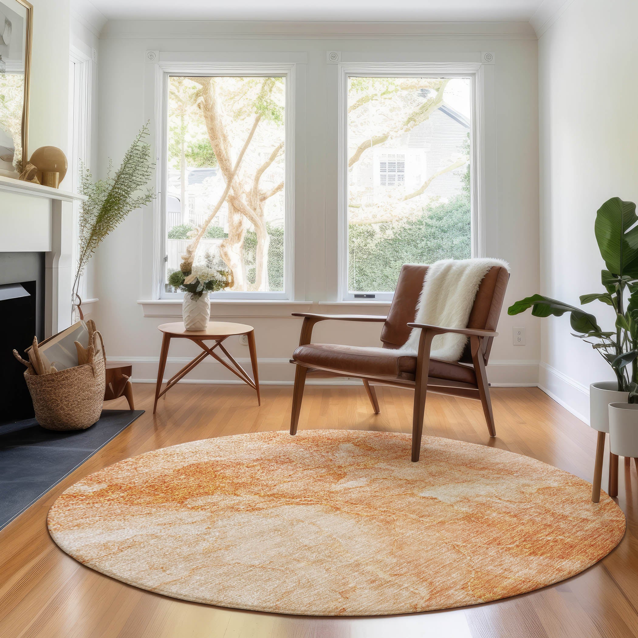 Vienna Machine Washable Transitional Salmon Orange Rug 8' x 8' #shape_Round