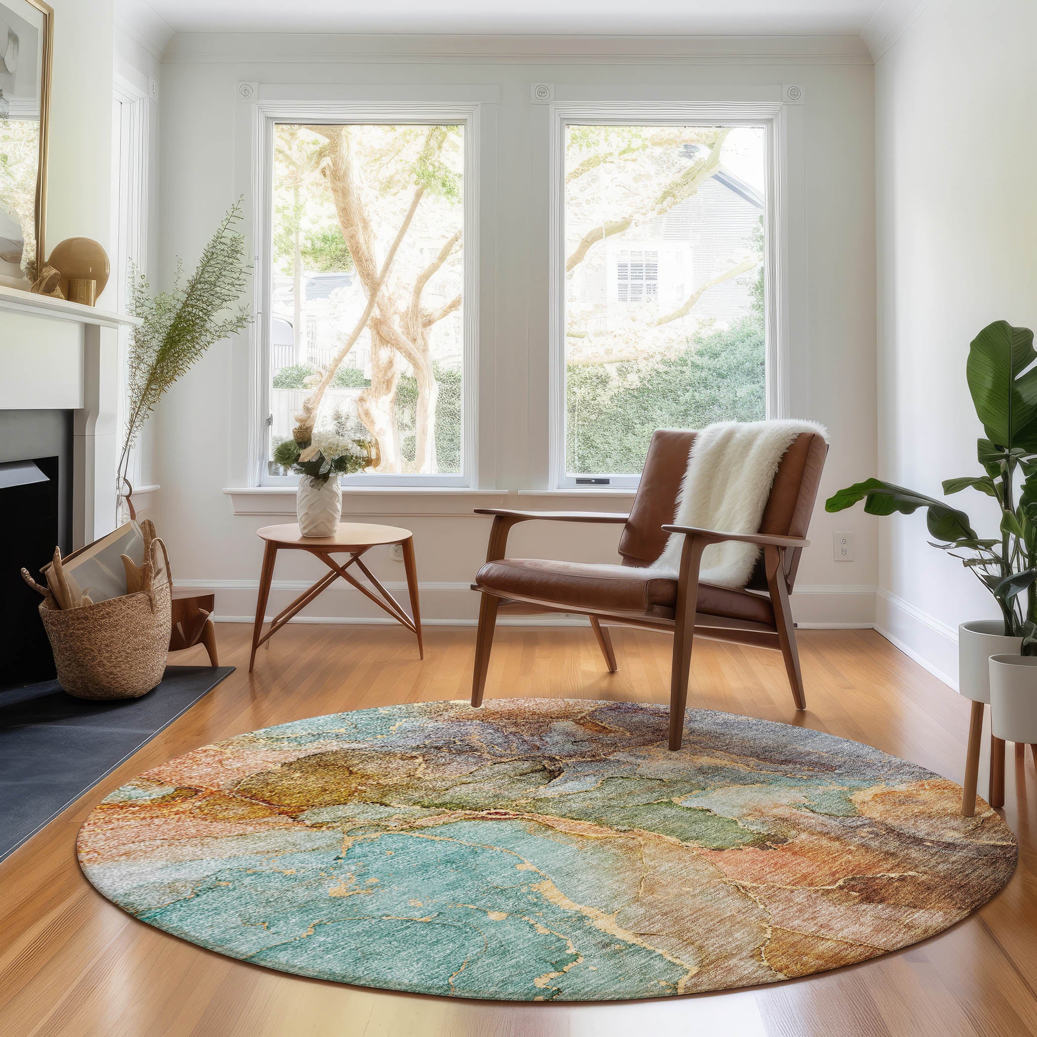 Athens Machine Washable Transitional Coral Orange Rug 8' x 8' #shape_Round