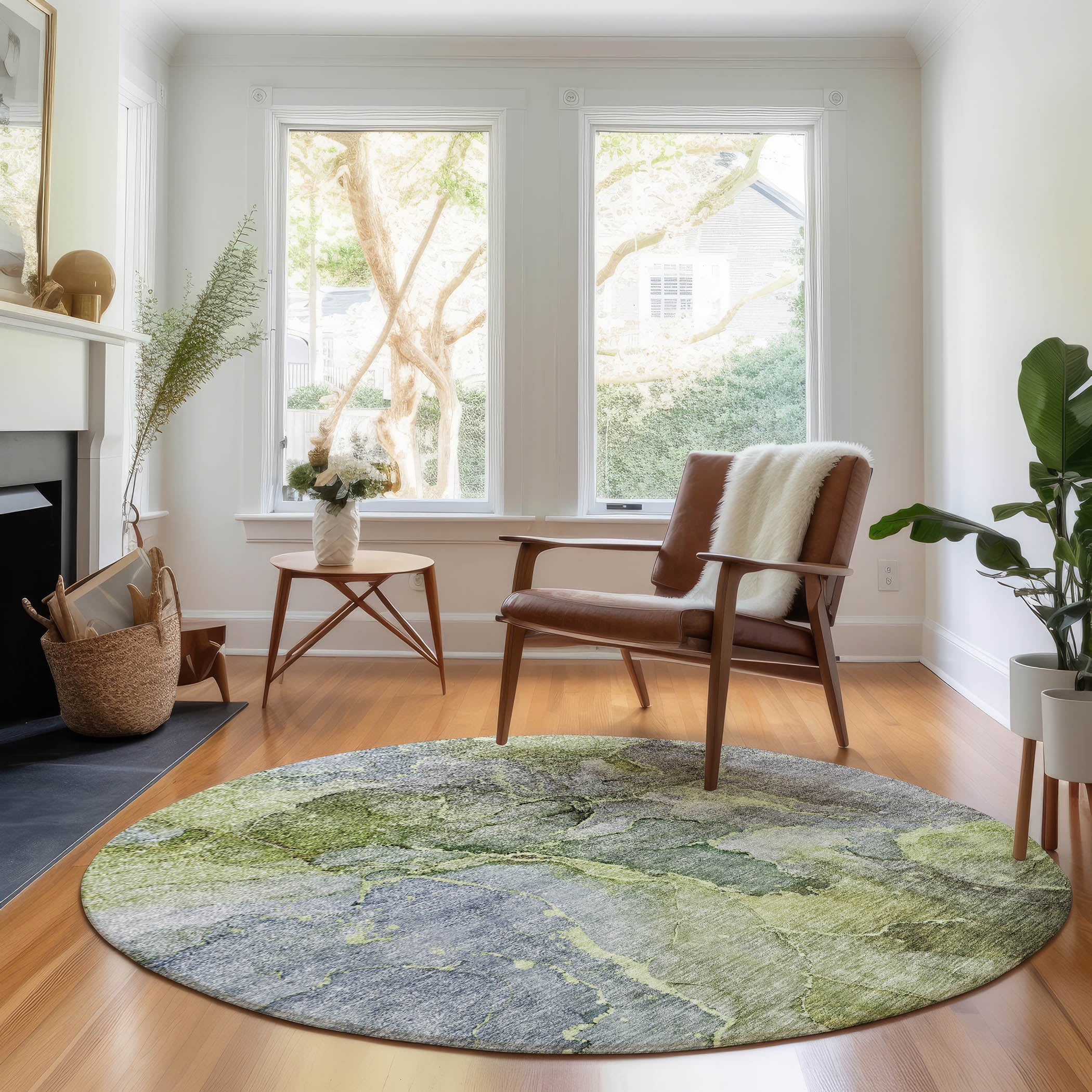 Athens Machine Washable Transitional Olive Green Rug 8' x 8' #shape_Round