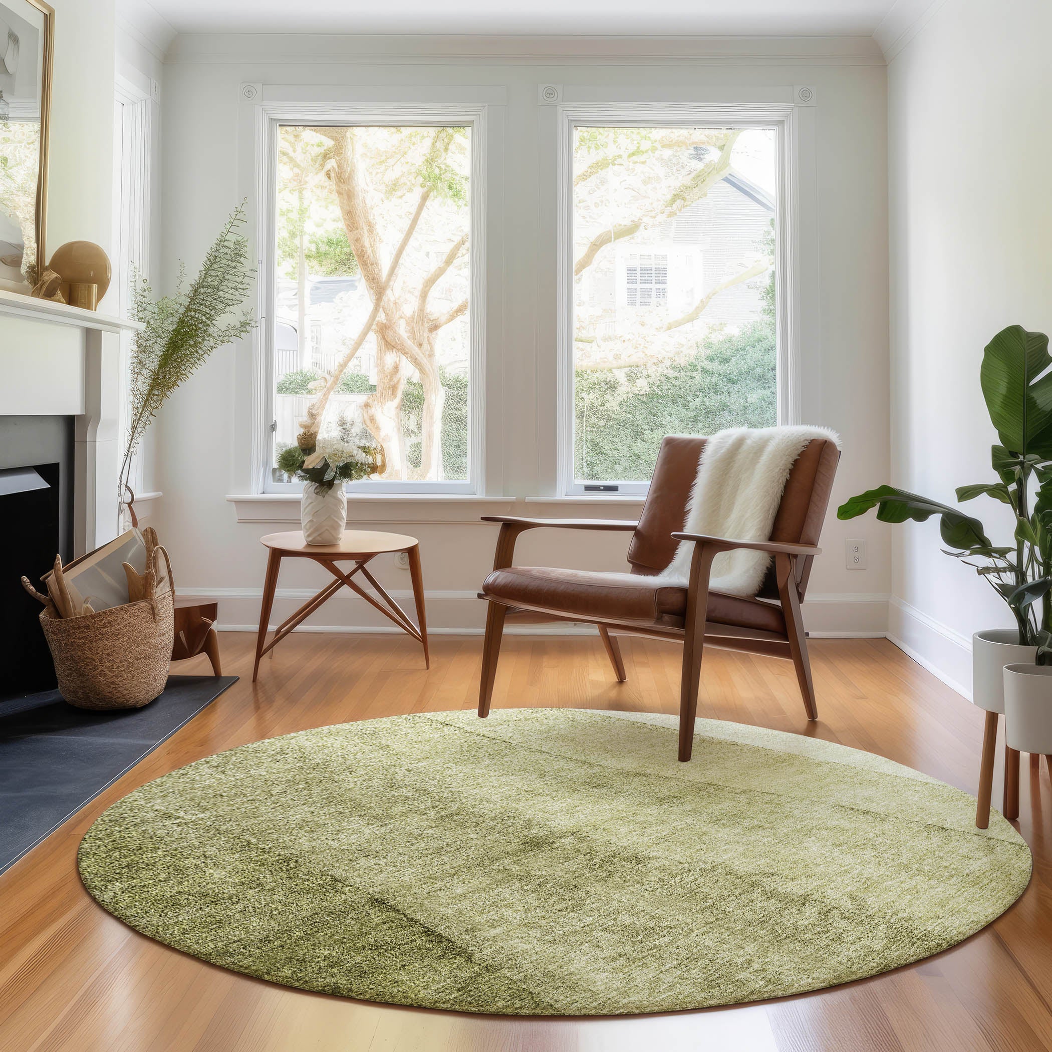 Florence Machine Washable Transitional Olive Green Rug 8' x 8' #shape_Round