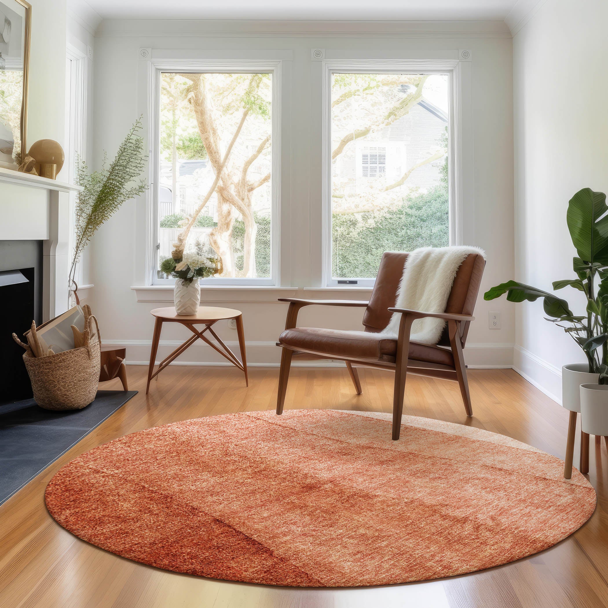Florence Machine Washable Transitional Paprika Orange Rug 8' x 8' #shape_Round