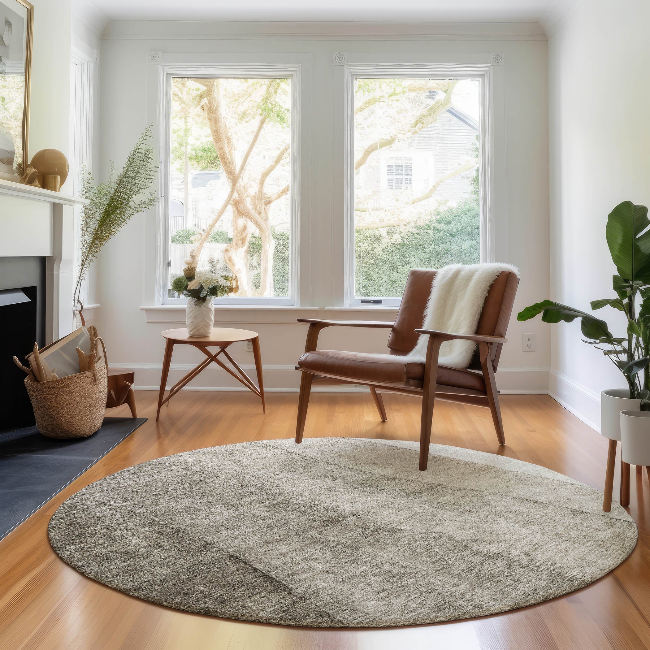 Florence Machine Washable Transitional Taupe Brown Rug 8' x 8' #shape_Round