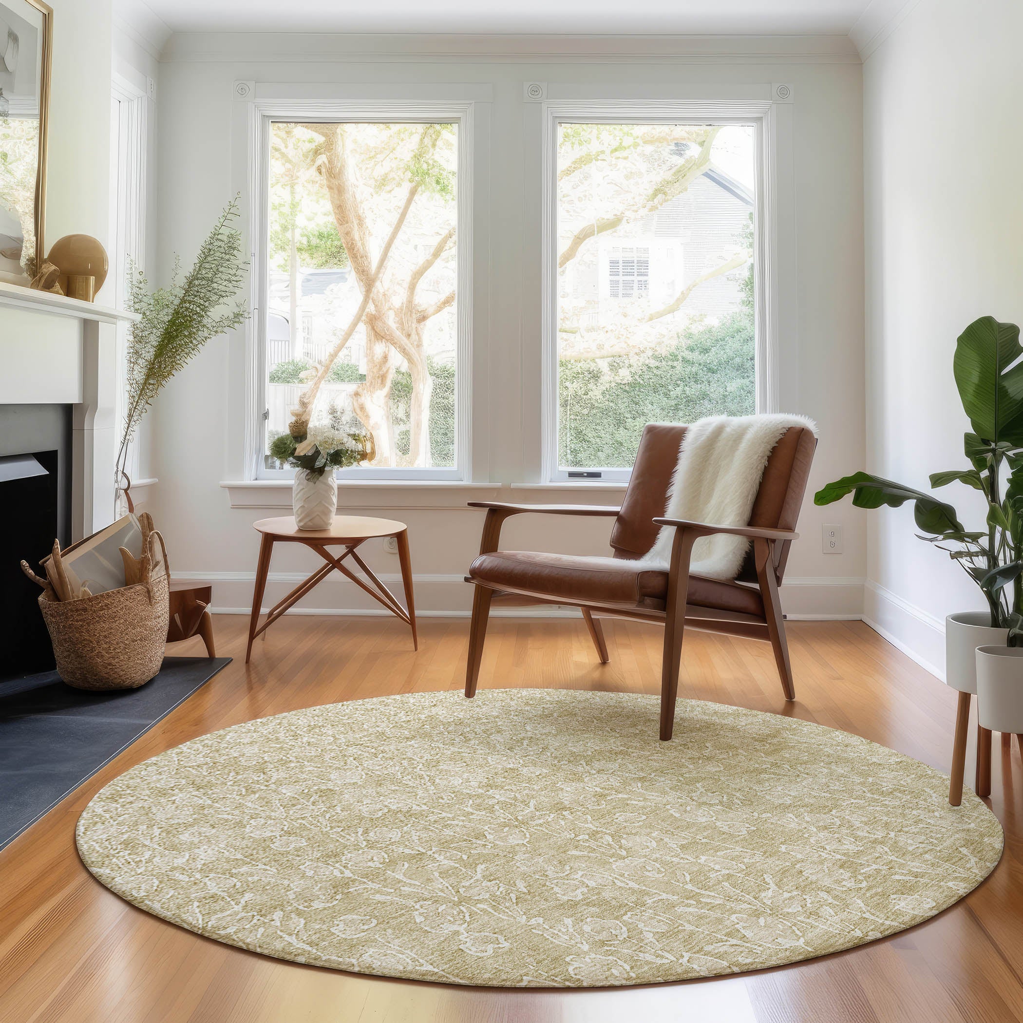 Montevideo Machine Washable Transitional Beige Brown Rug 8' x 8' #shape_Round