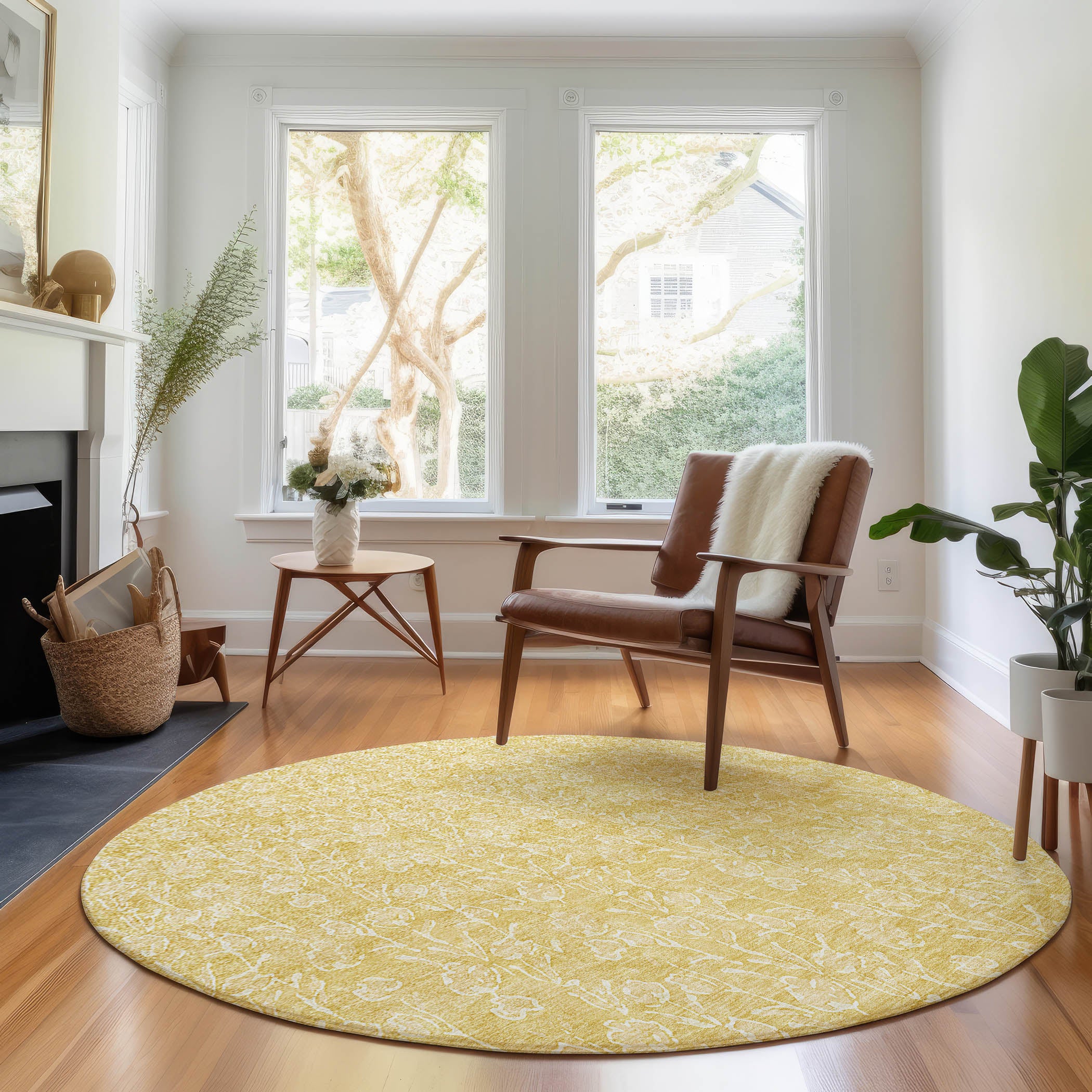 Montevideo Machine Washable Transitional Gold Rug 8' x 8' #shape_Round