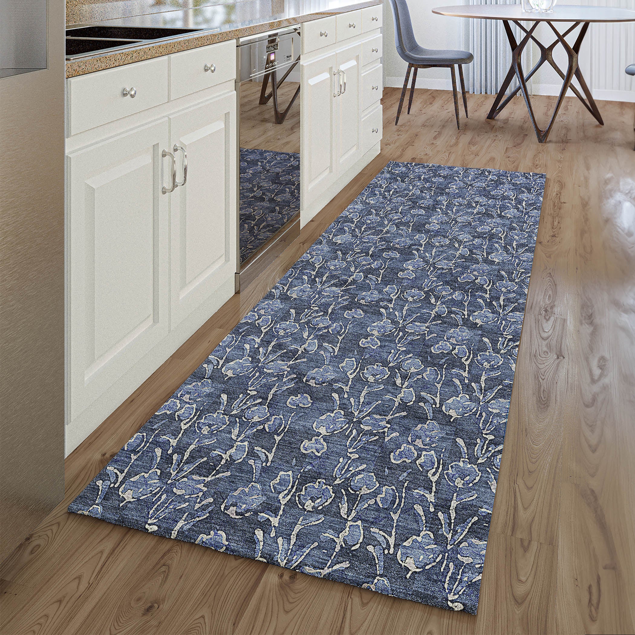 Kyoto Machine Washable Transitional Navy Blue Rug 2'3" x 7'6" #shape_Runner