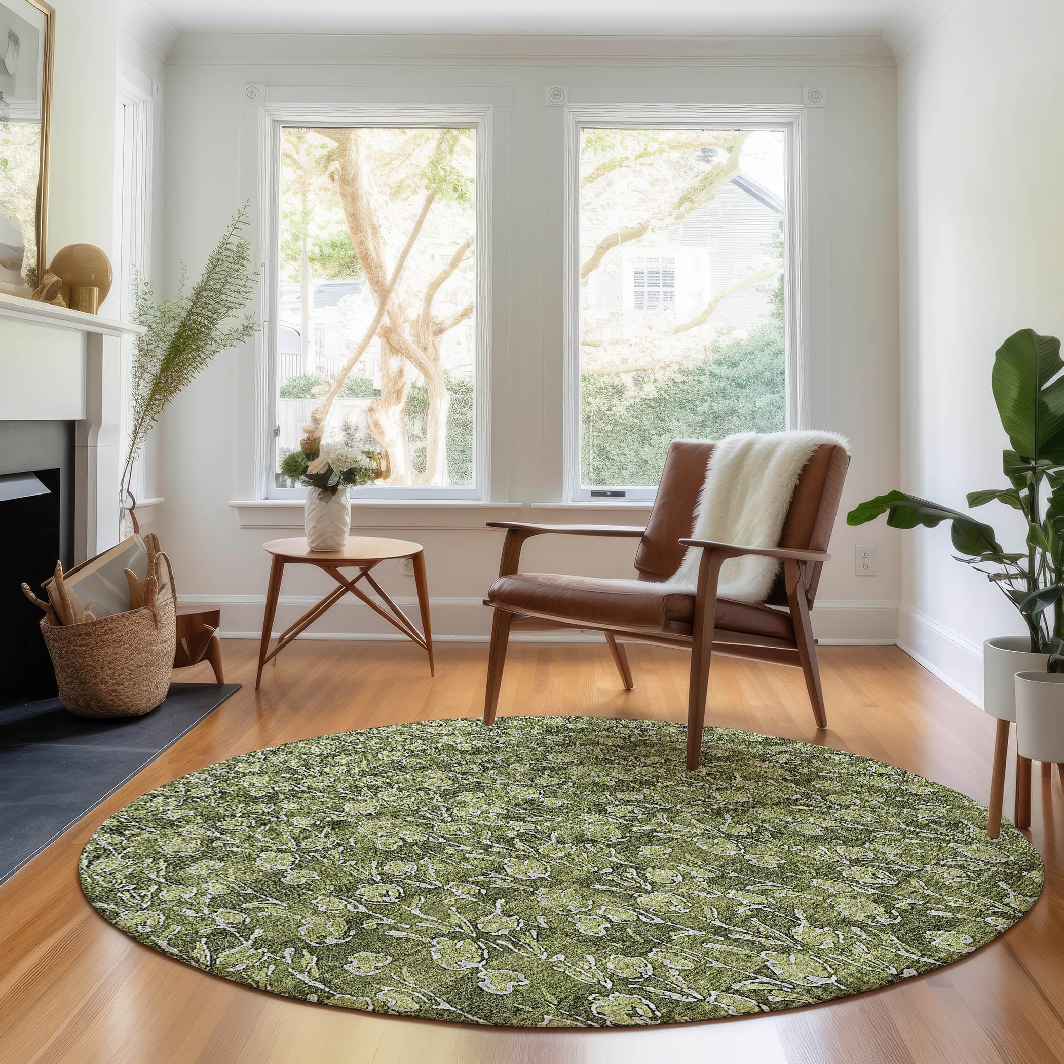 Kyoto Machine Washable Transitional Olive Green Rug 8' x 8' #shape_Round