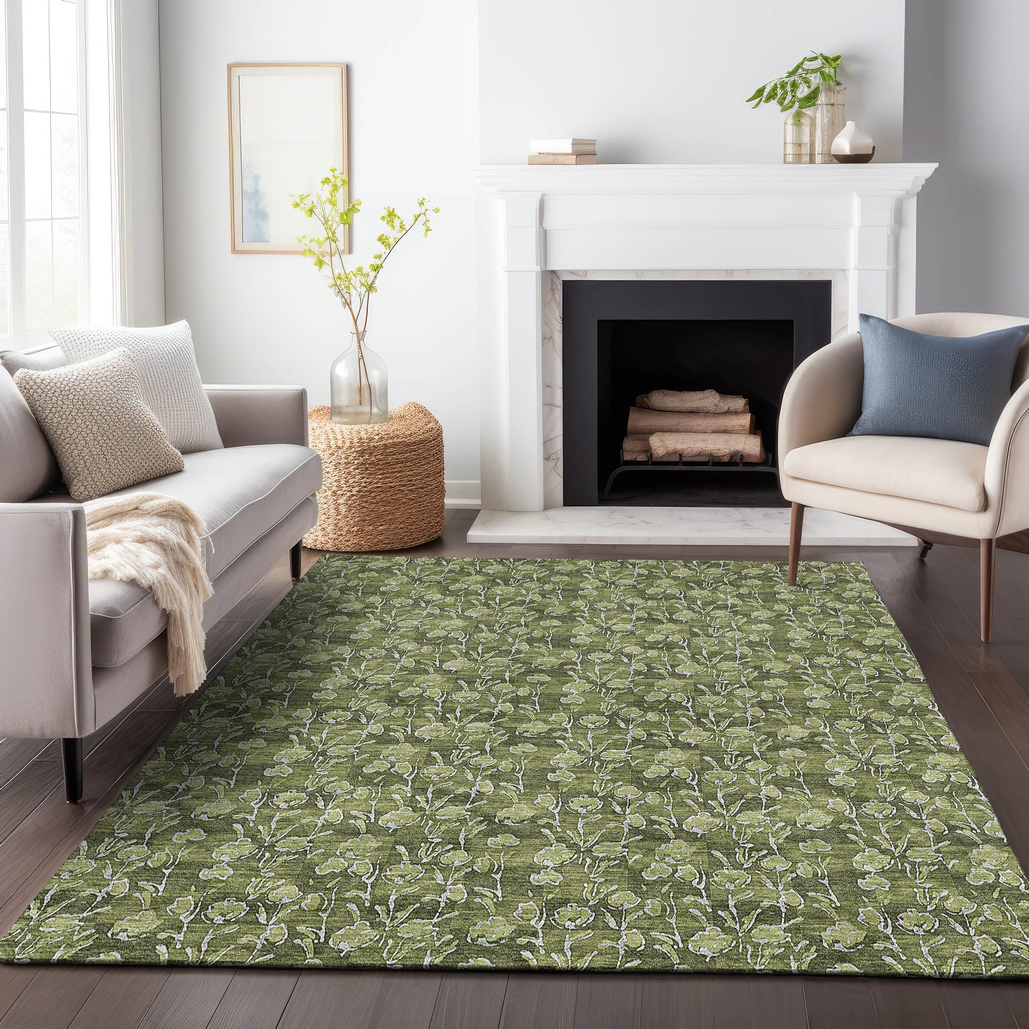 Kyoto Machine Washable Transitional Olive Green Rug 2'6" x 3'10" #shape_Rectangle