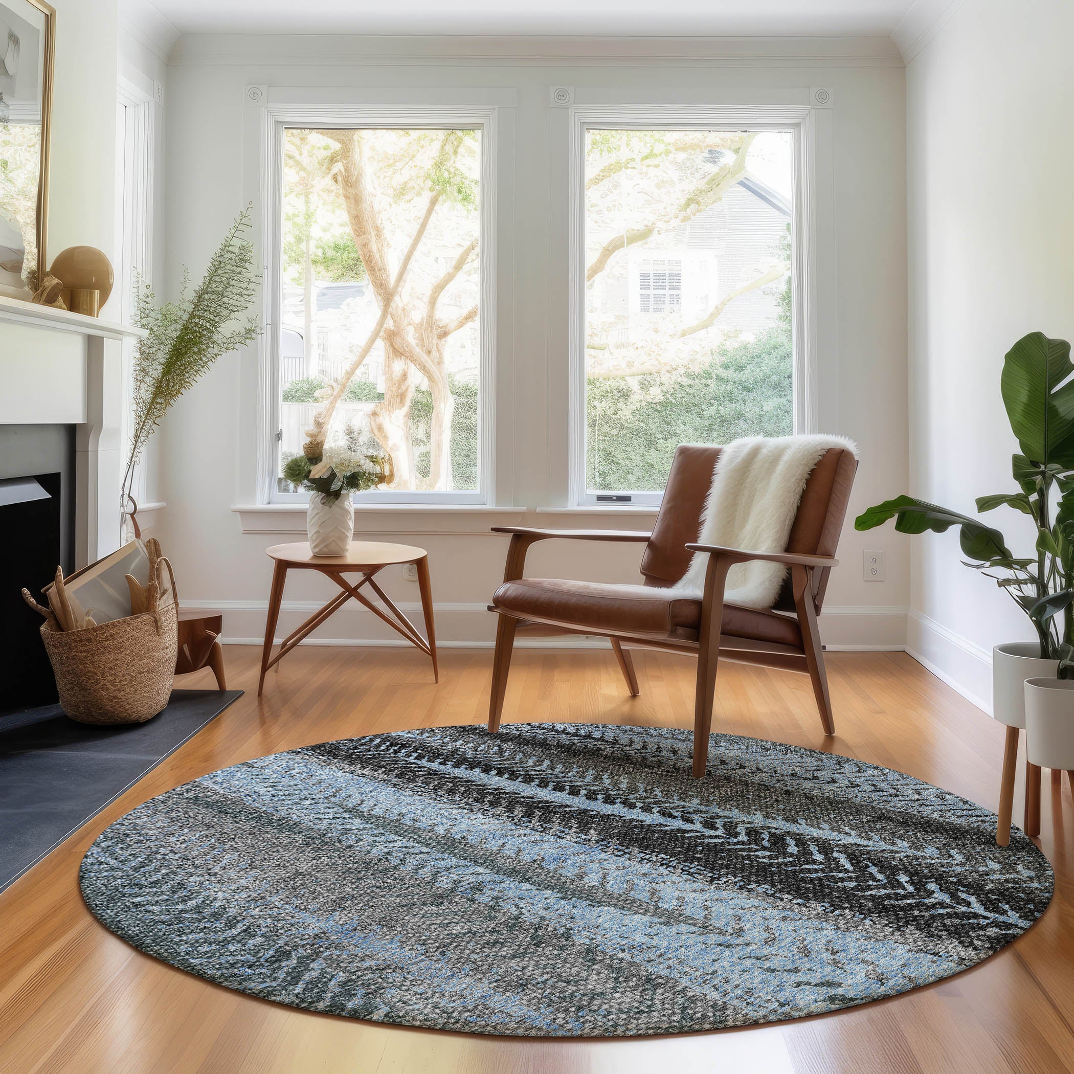 Havana Machine Washable Transitional Blue Rug 8' x 8' #shape_Round