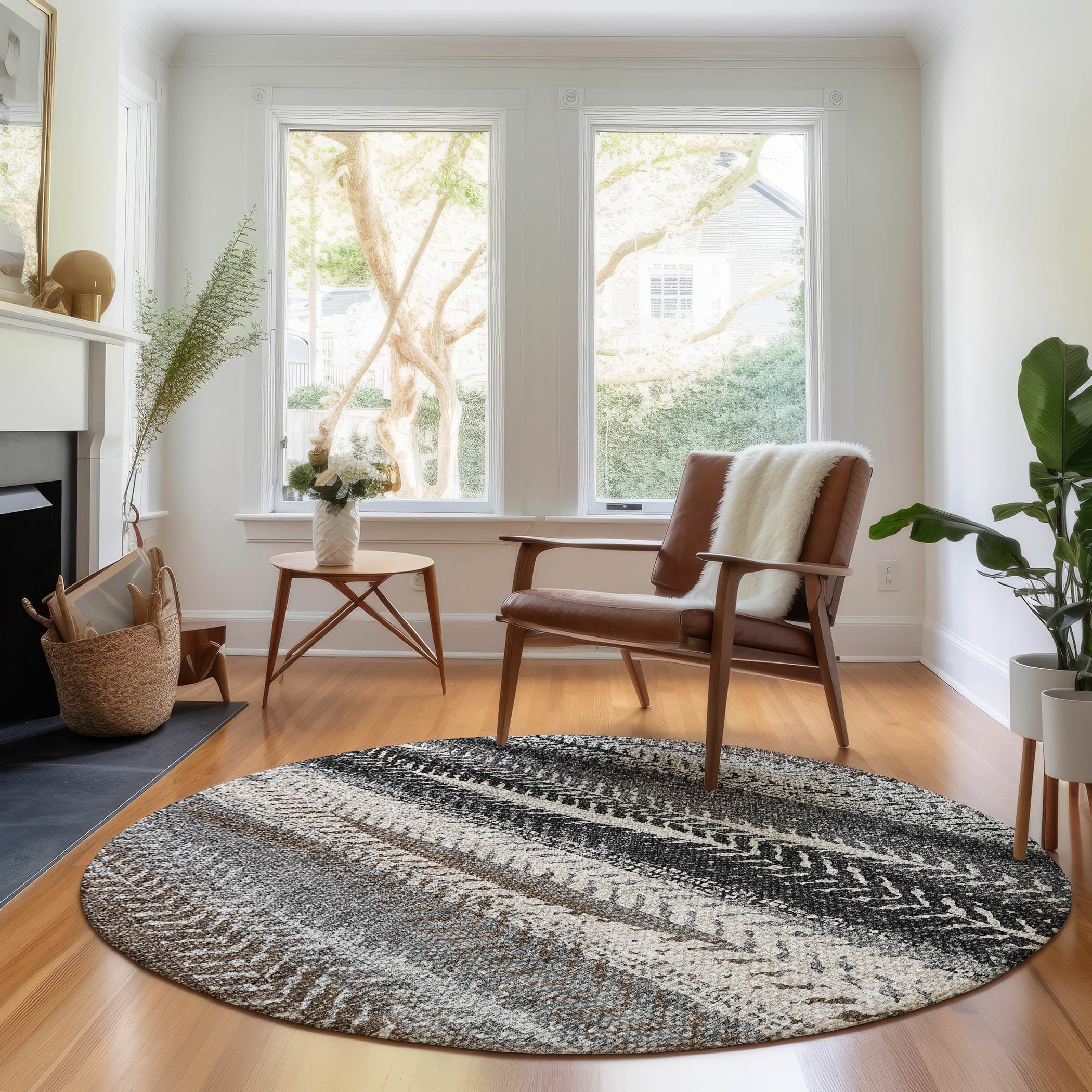 Havana Machine Washable Transitional Brown Rug 8' x 8' #shape_Round