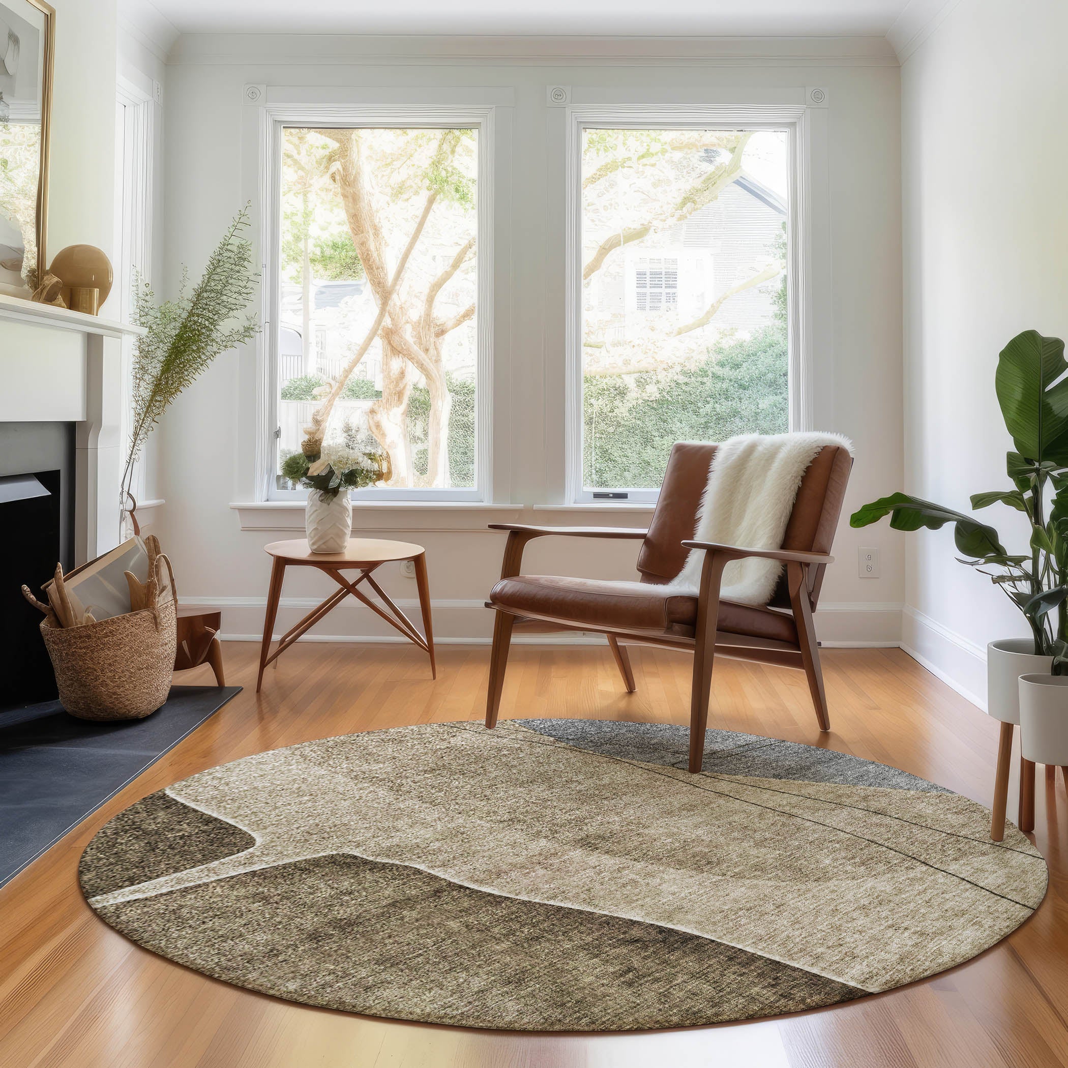 Oslo Machine Washable Transitional Brown Rug 8' x 8' #shape_Round
