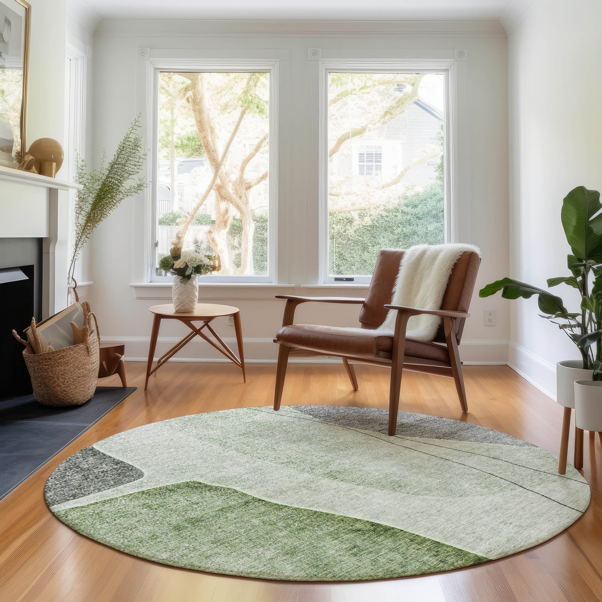 Oslo Machine Washable Transitional Green Rug 8' x 8' #shape_Round