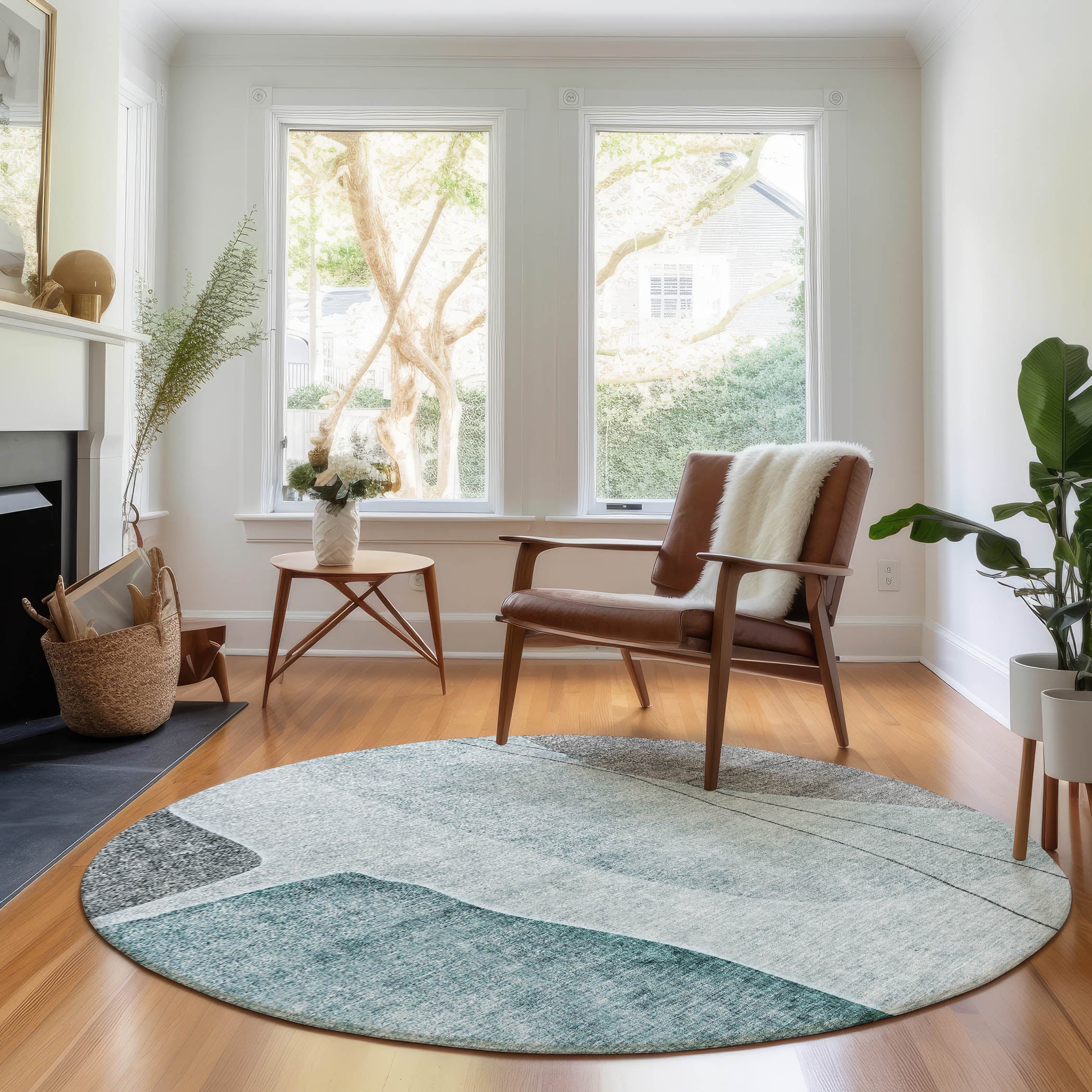 Oslo Machine Washable Transitional Teal Rug 8' x 8' #shape_Round