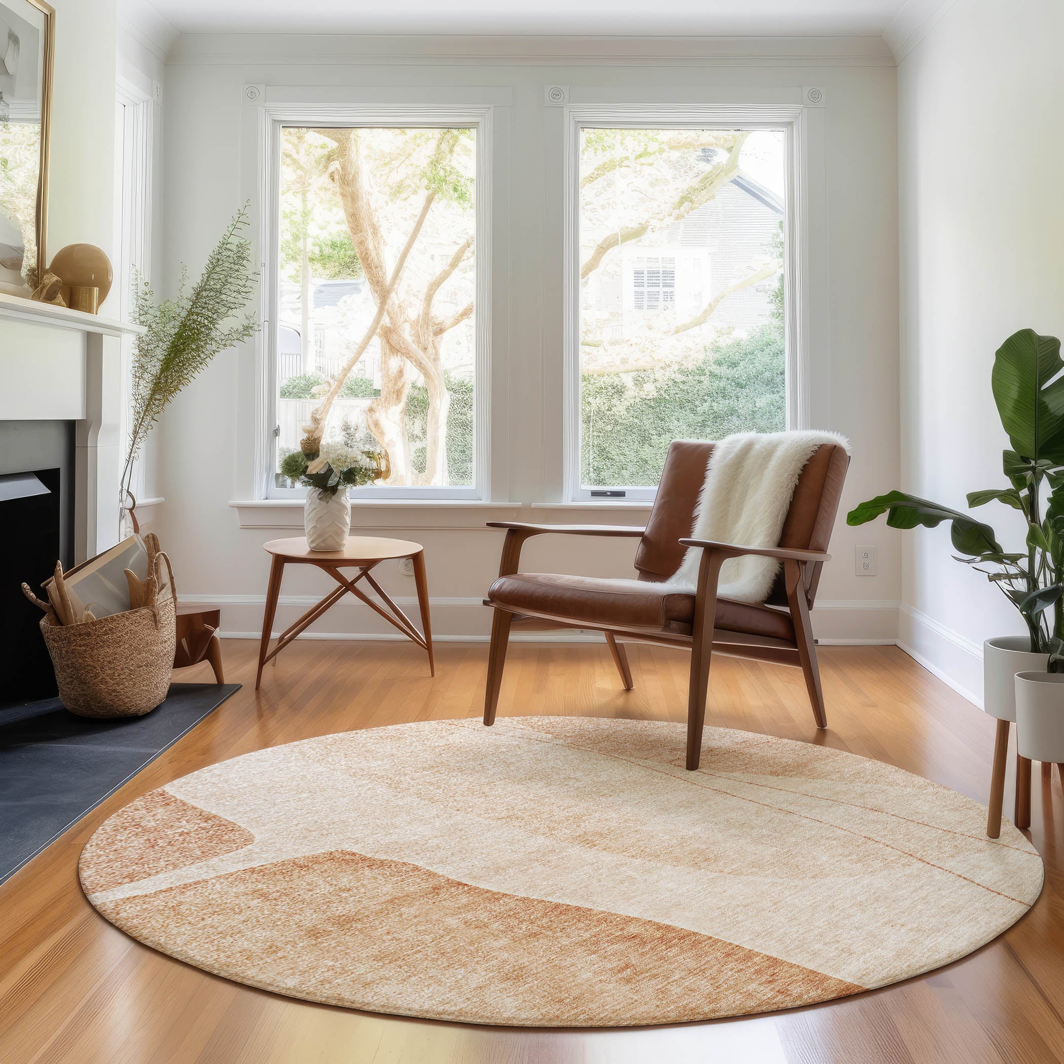 Oslo Machine Washable Transitional Terracotta Orange Rug 8' x 8' #shape_Round