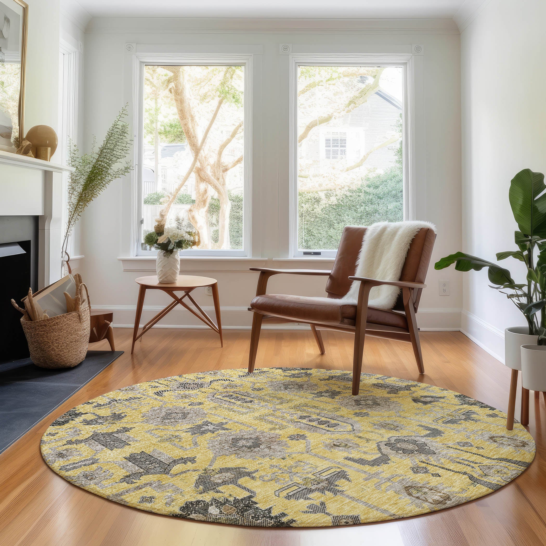 Hoi An Machine Washable Traditional Honey Gold Rug 8' x 8' #shape_Round