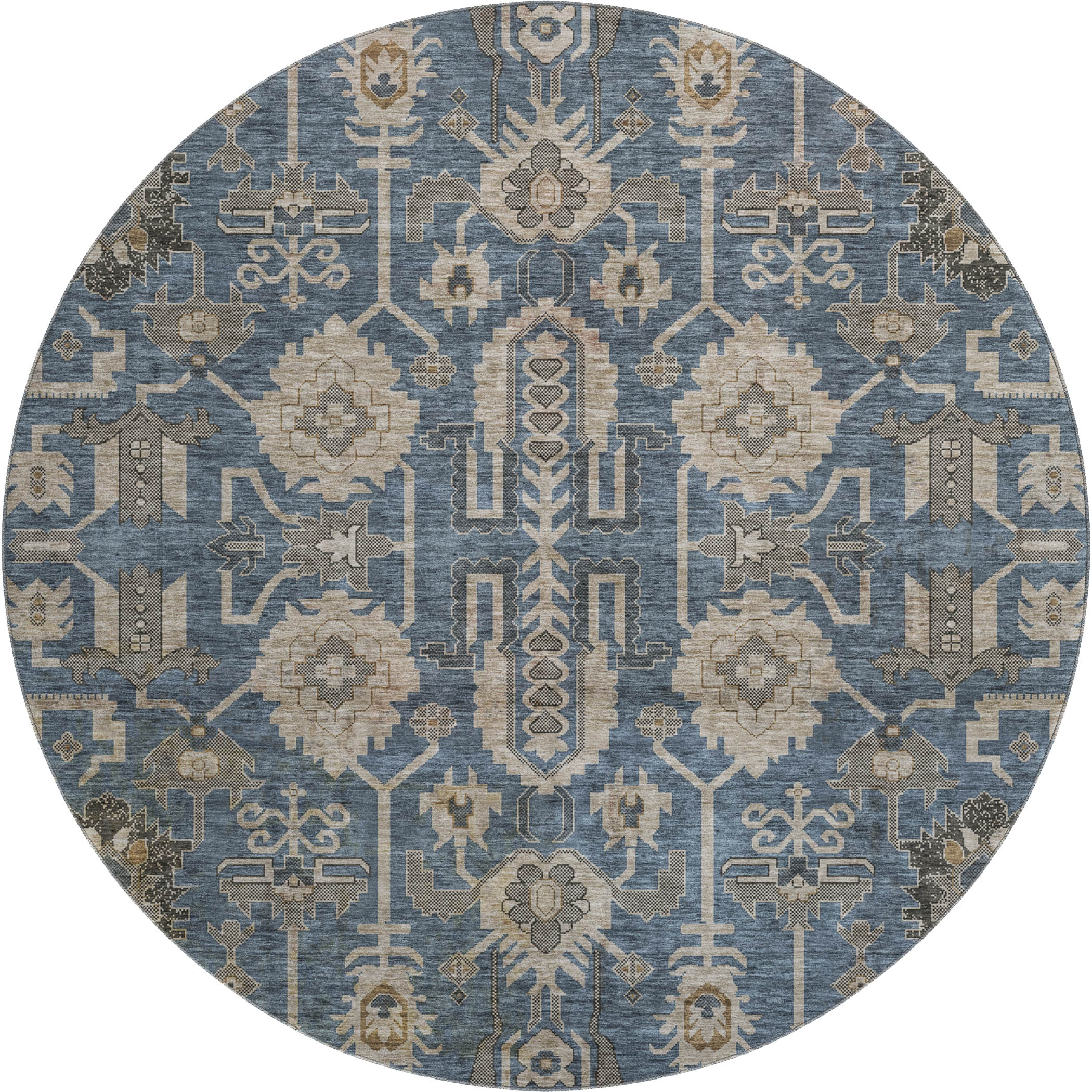 Hoi An Machine Washable Traditional Navy Blue Rug 8' x 8' #shape_Round