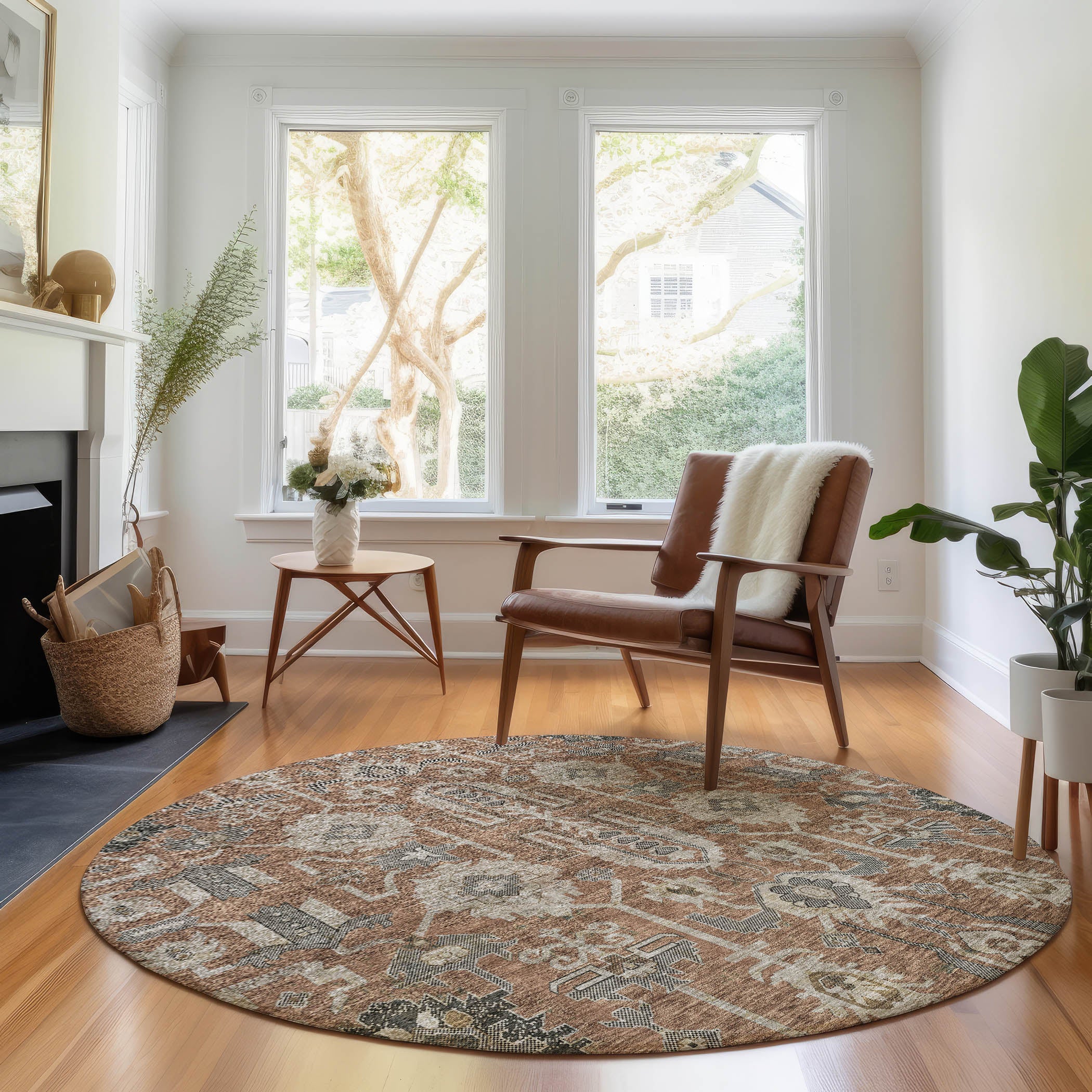 Hoi An Machine Washable Traditional Paprika Orange Rug 8' x 8' #shape_Round