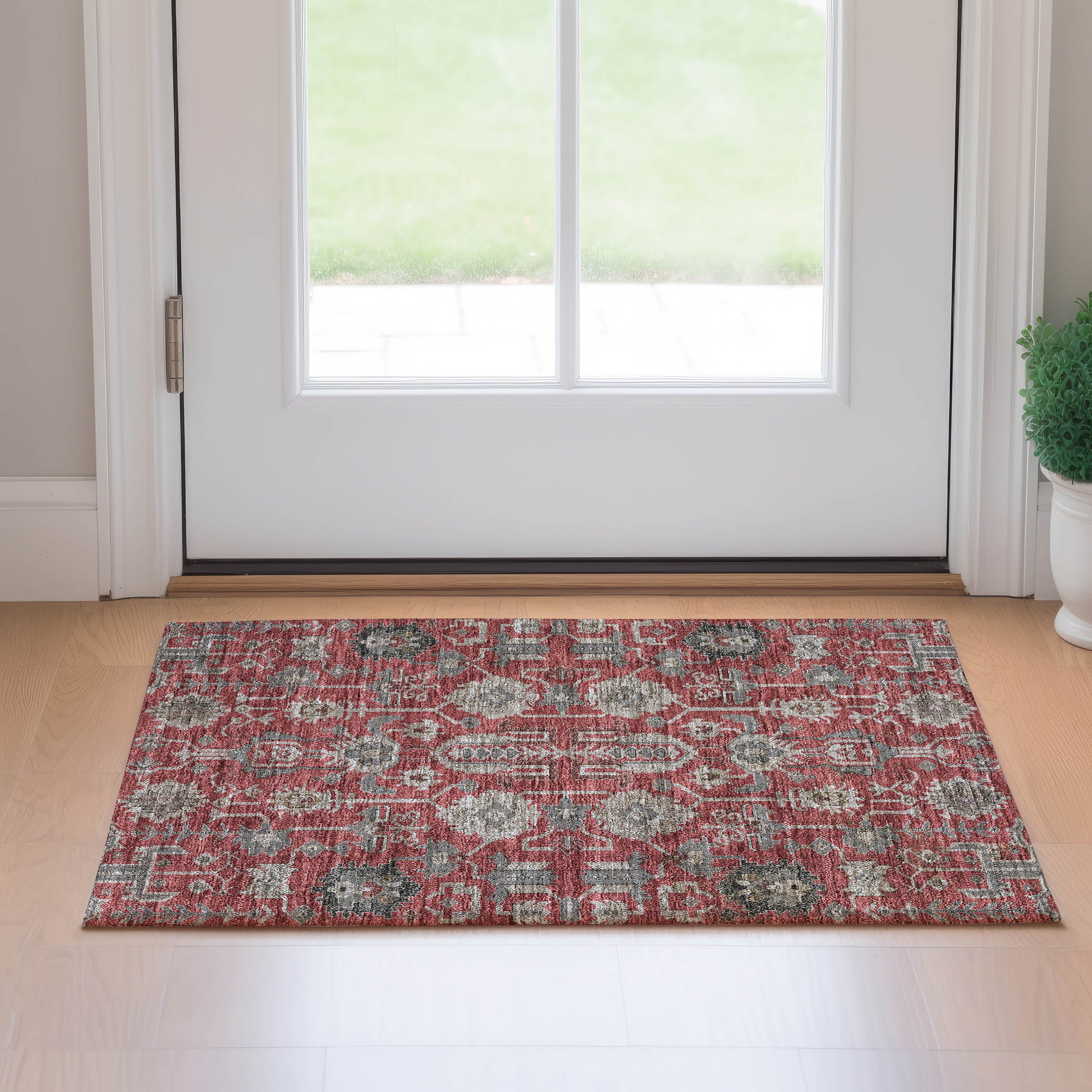Hoi An Machine Washable Traditional Red Rug 1'8" x 2'6" #shape_Rectangle