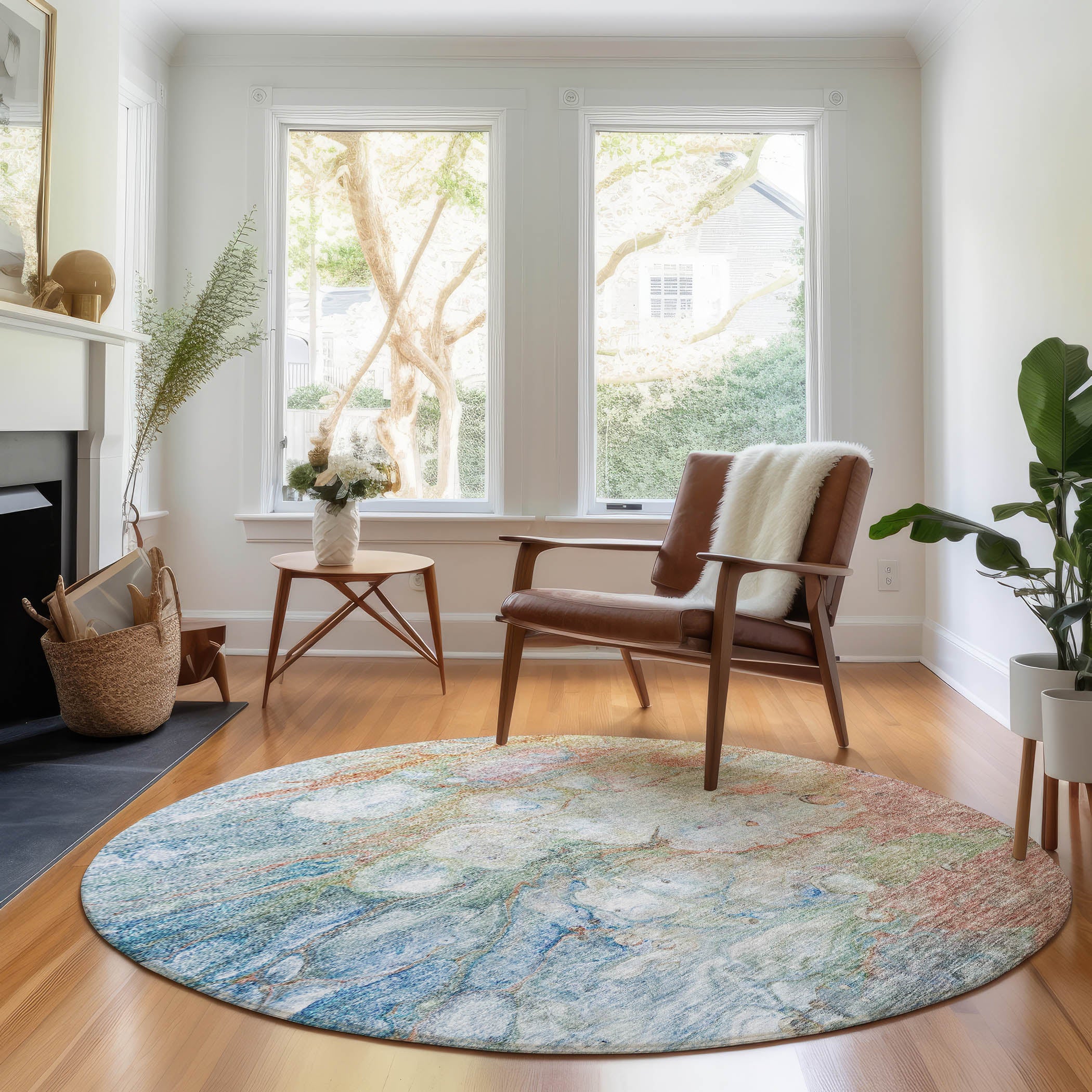 Chiang Mai Machine Washable Transitional Coral Orange Rug 8' x 8' #shape_Round