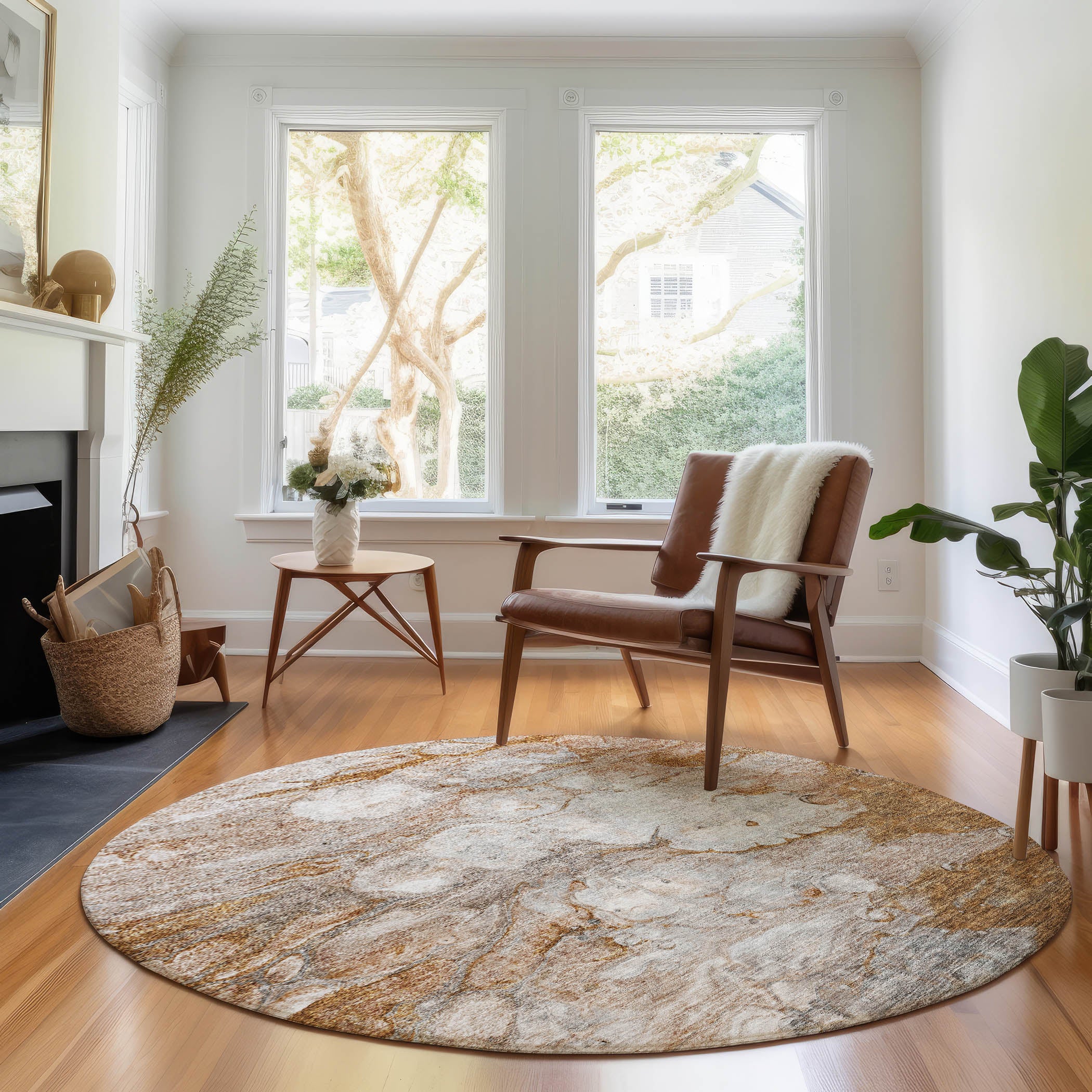 Chiang Mai Machine Washable Transitional Terracotta Orange Rug 8' x 8' #shape_Round