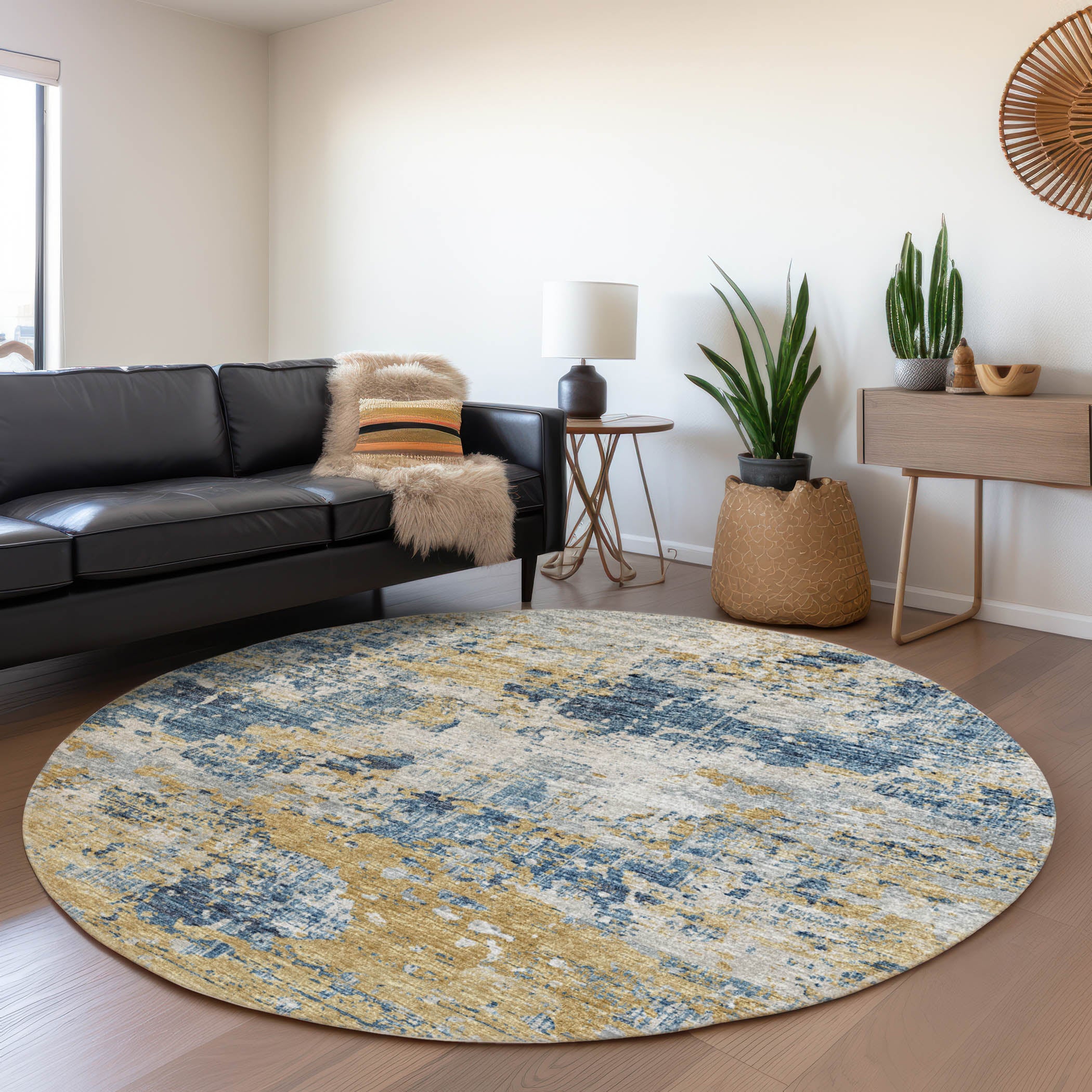 Dublin Machine Washable Transitional Blue Navy Rug 8' x 8' #shape_Round