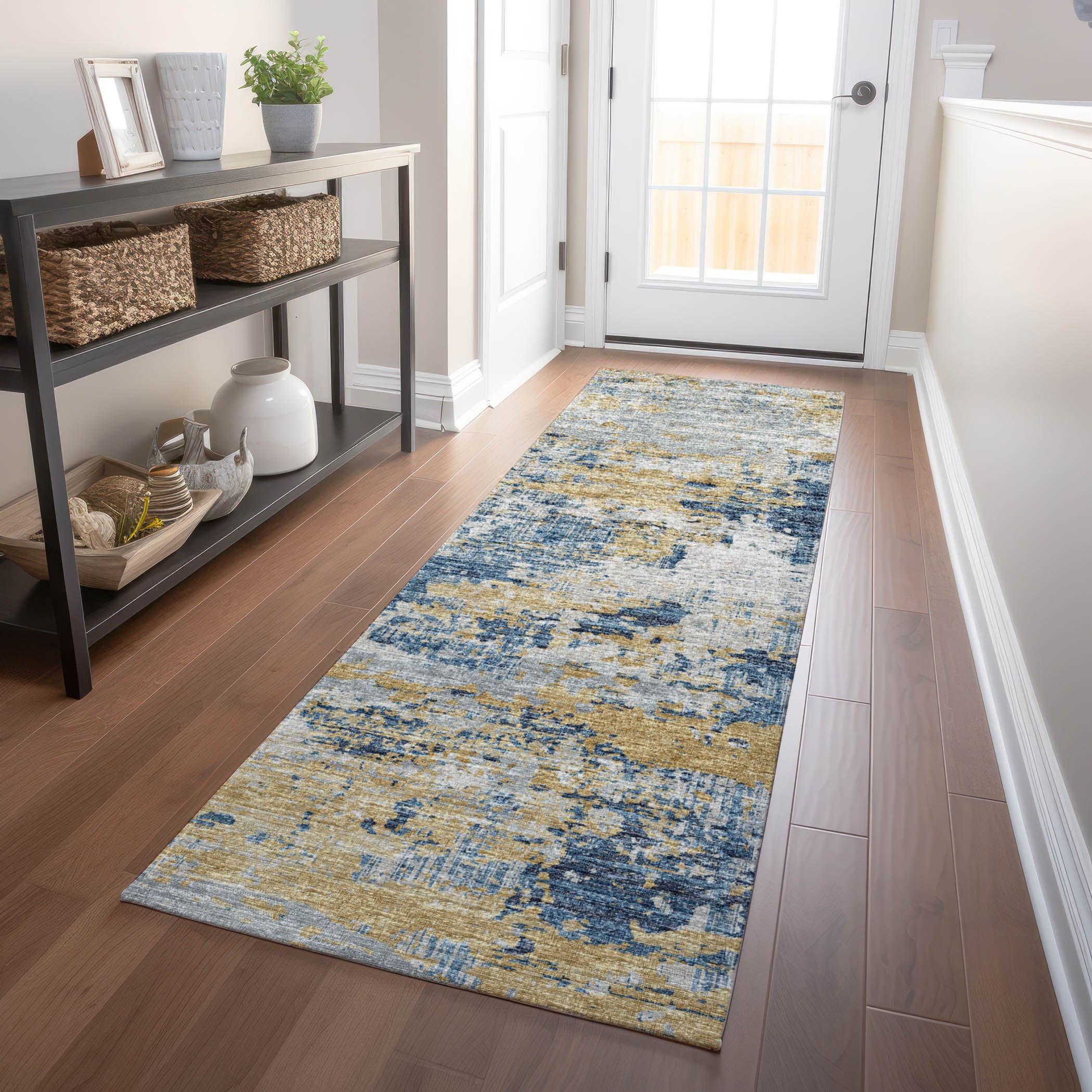 Dublin Machine Washable Transitional Blue Navy Rug 2'3" x 7'6" #shape_Runner