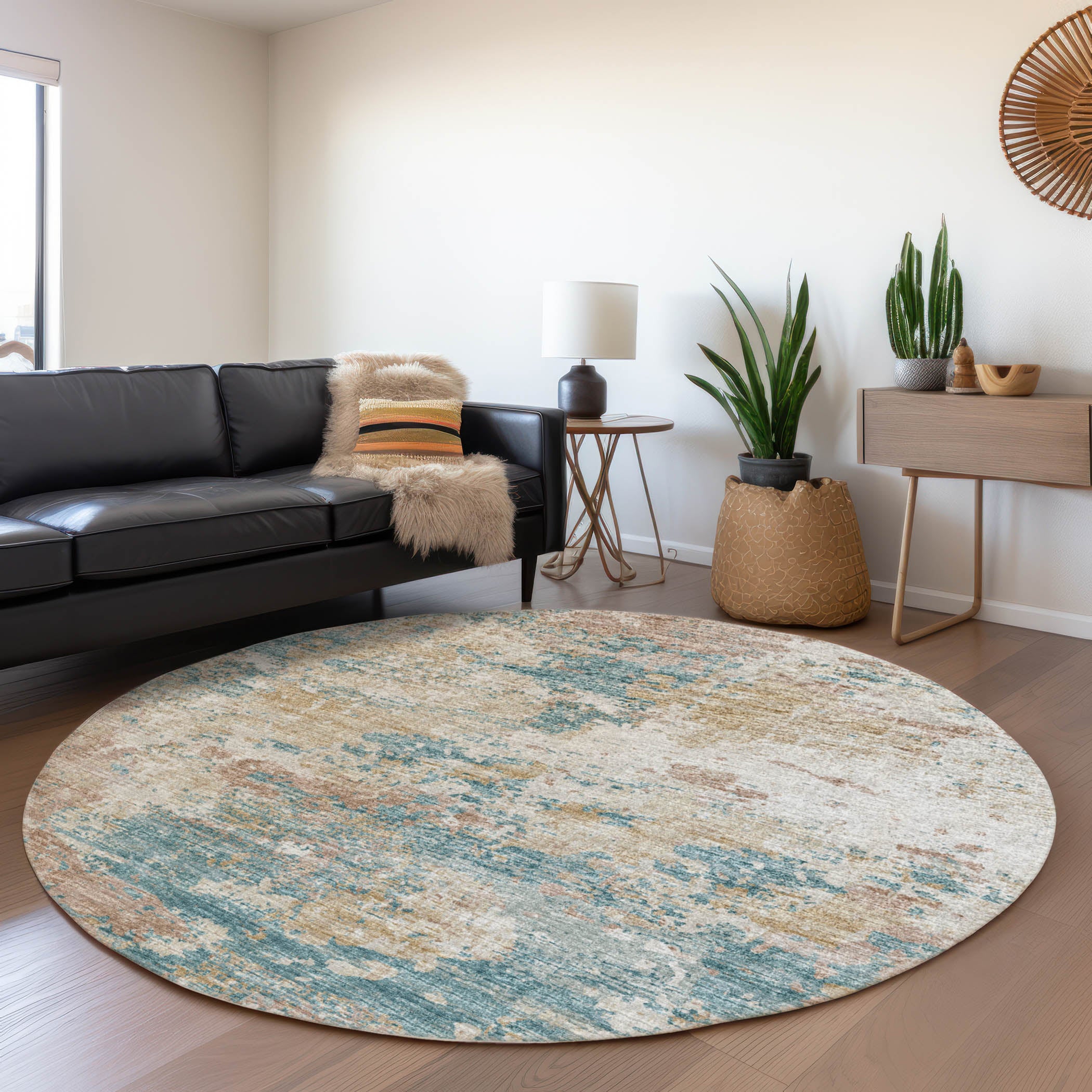 Dublin Machine Washable Transitional Teal Ivory Rug 8' x 8' #shape_Round