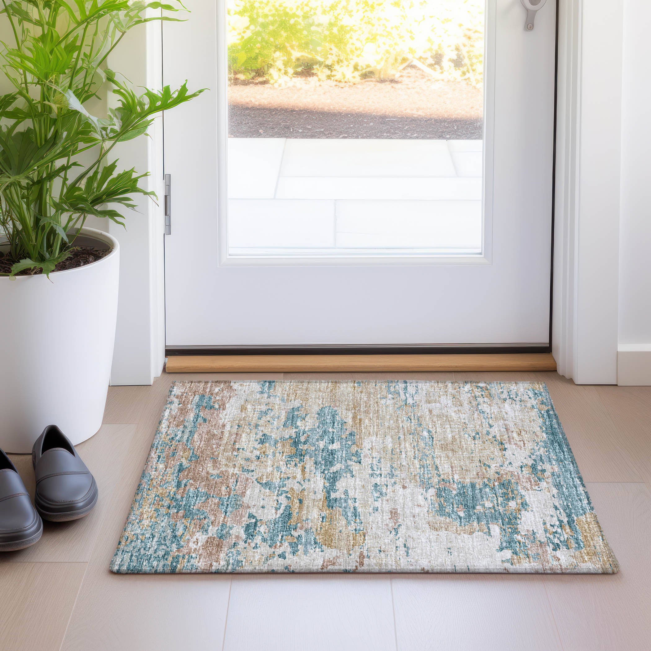 Dublin Machine Washable Transitional Teal Ivory Rug 1'8" x 2'6" #shape_Rectangle