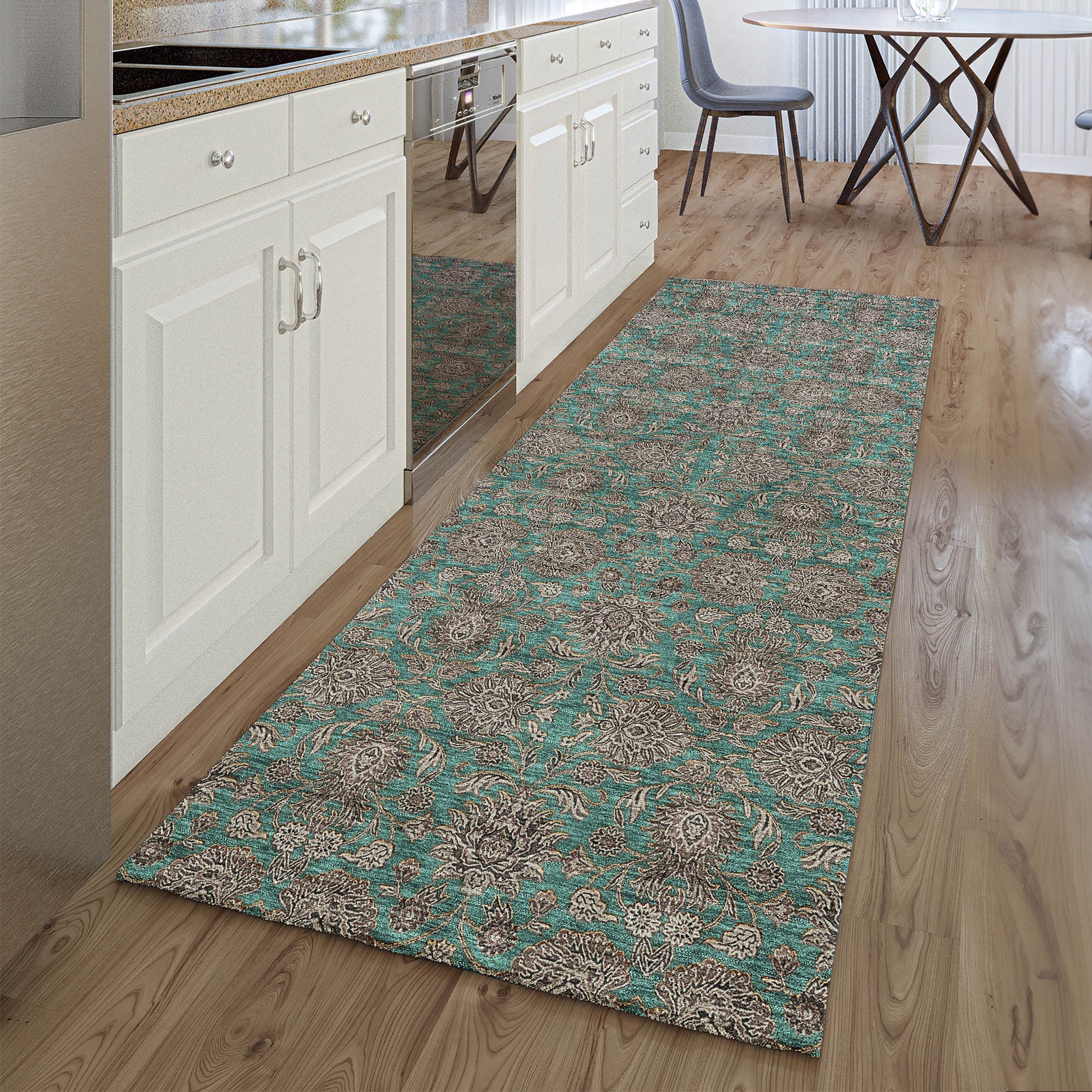 Rome Machine Washable Transitional Teal Rug 2'3" x 7'6" #shape_Runner