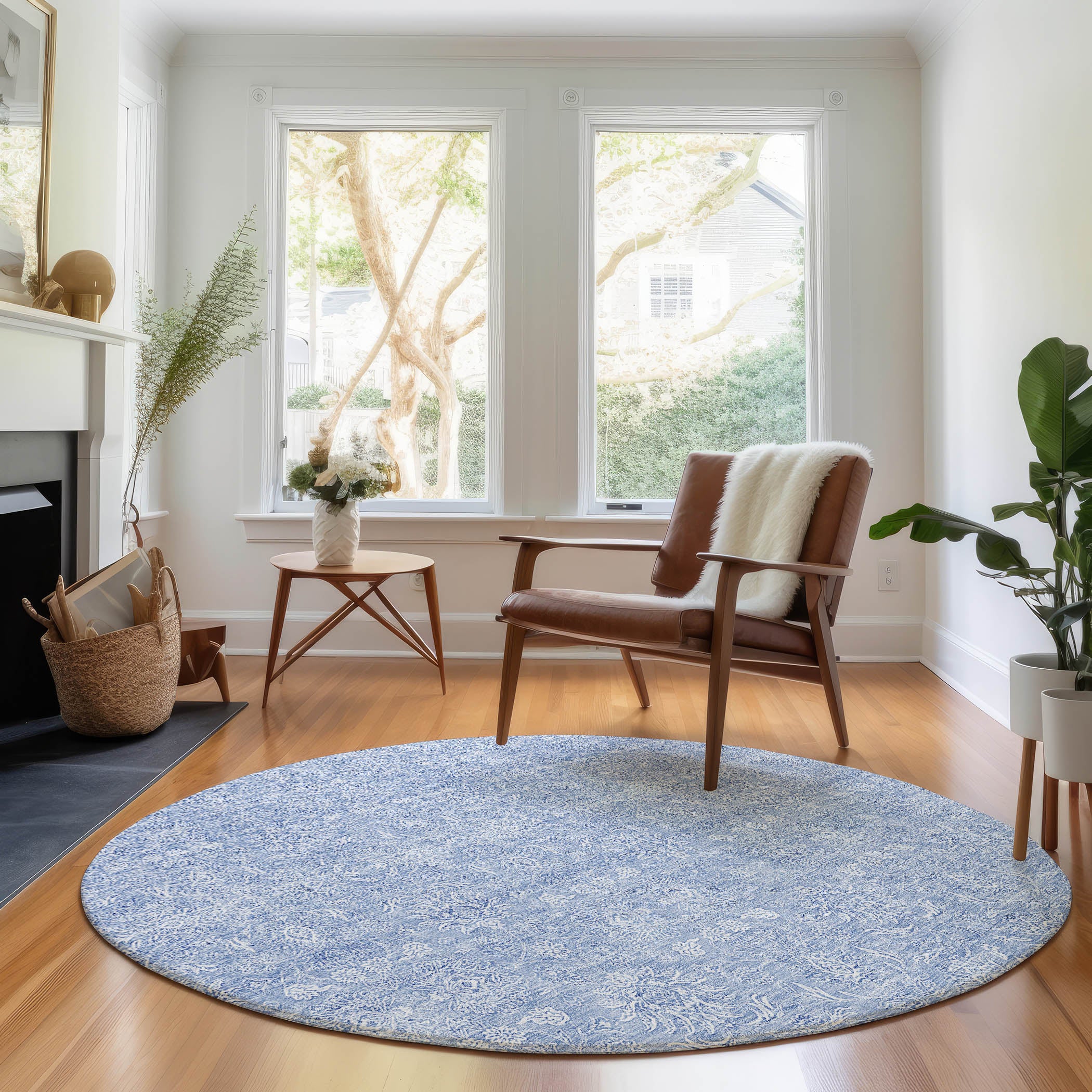 Marrakech Machine Washable Transitional Sky Blue Rug 8' x 8' #shape_Round
