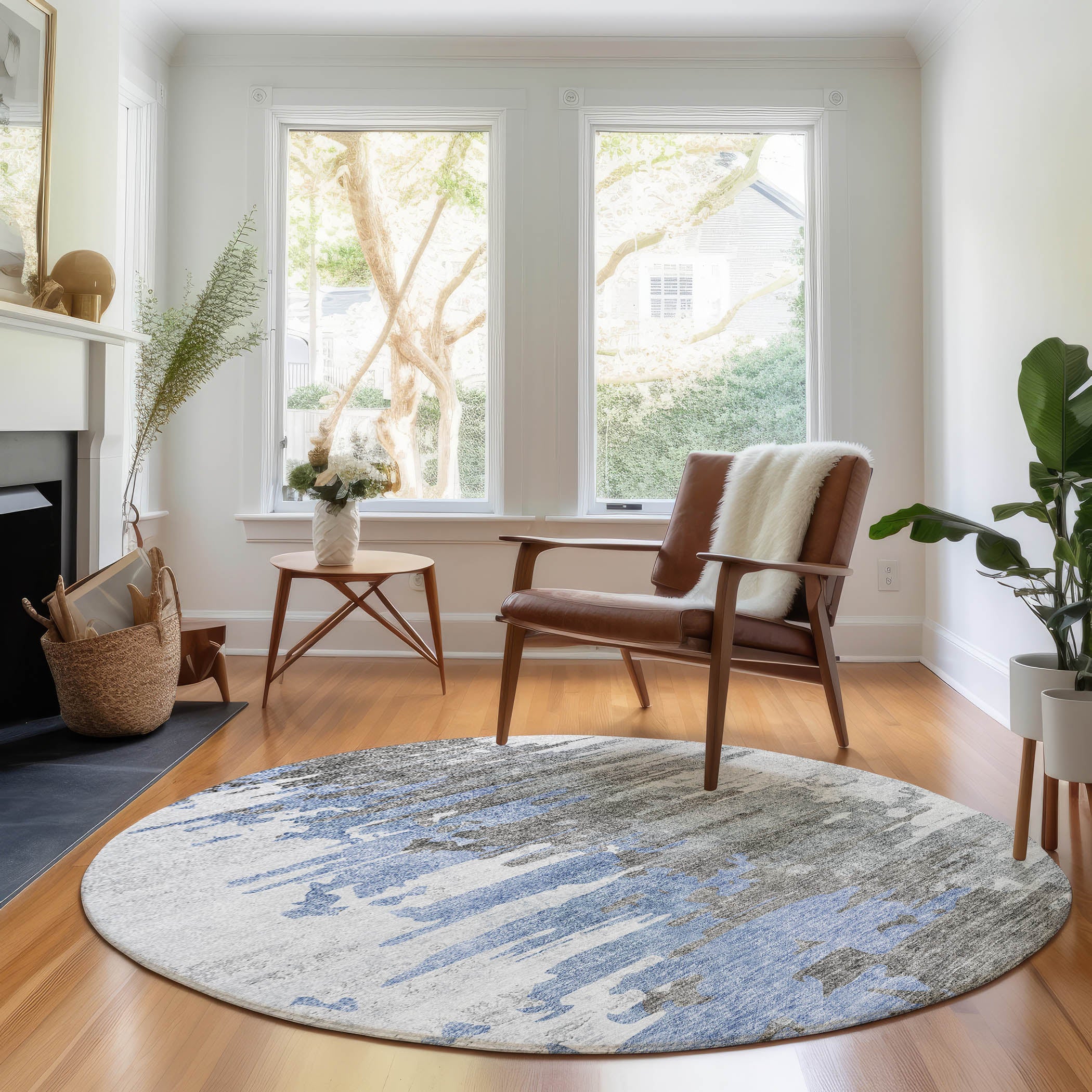 Siena Machine Washable Transitional Blue Rug 8' x 8' #shape_Round