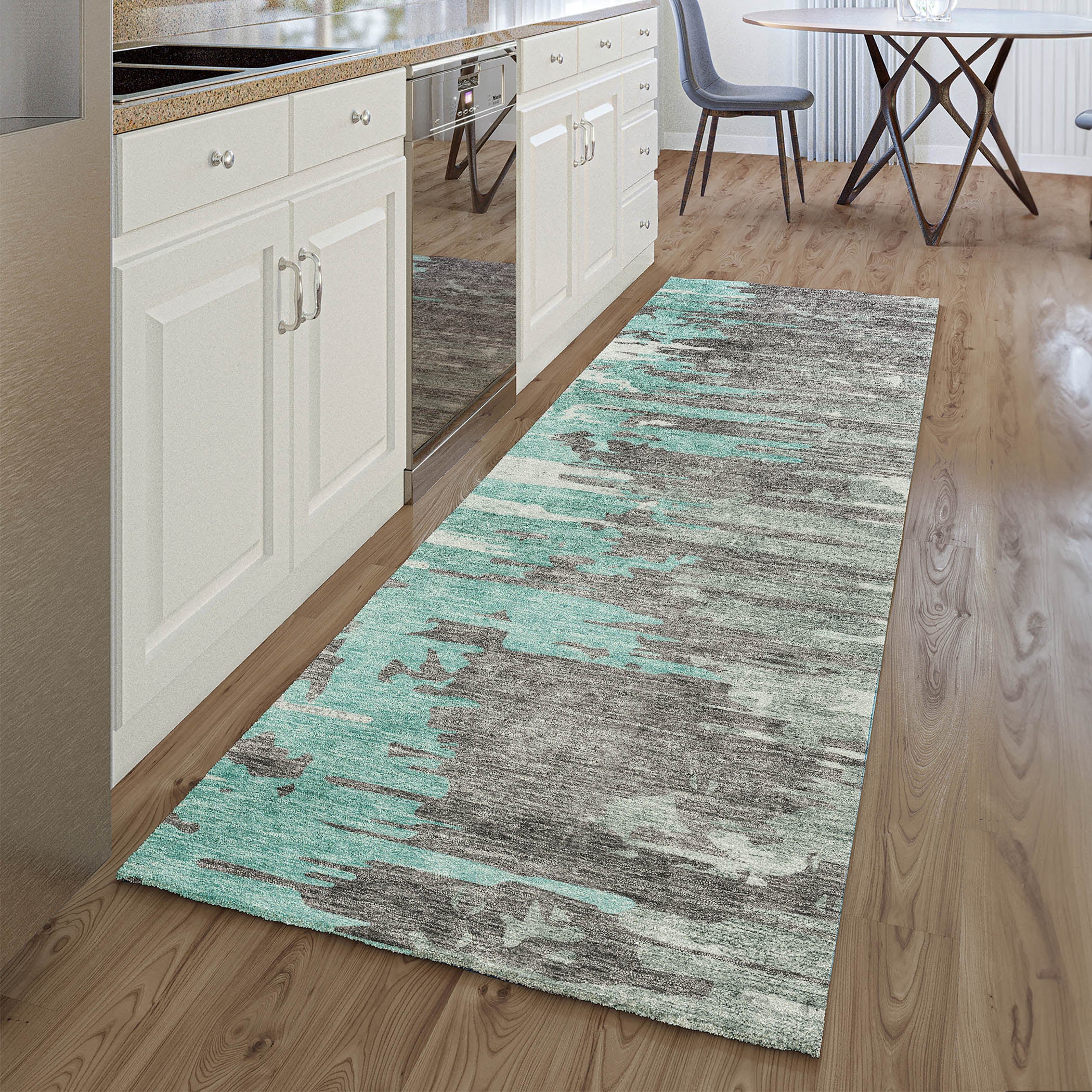 Siena Machine Washable Transitional Teal Rug 2'3" x 7'6" #shape_Runner