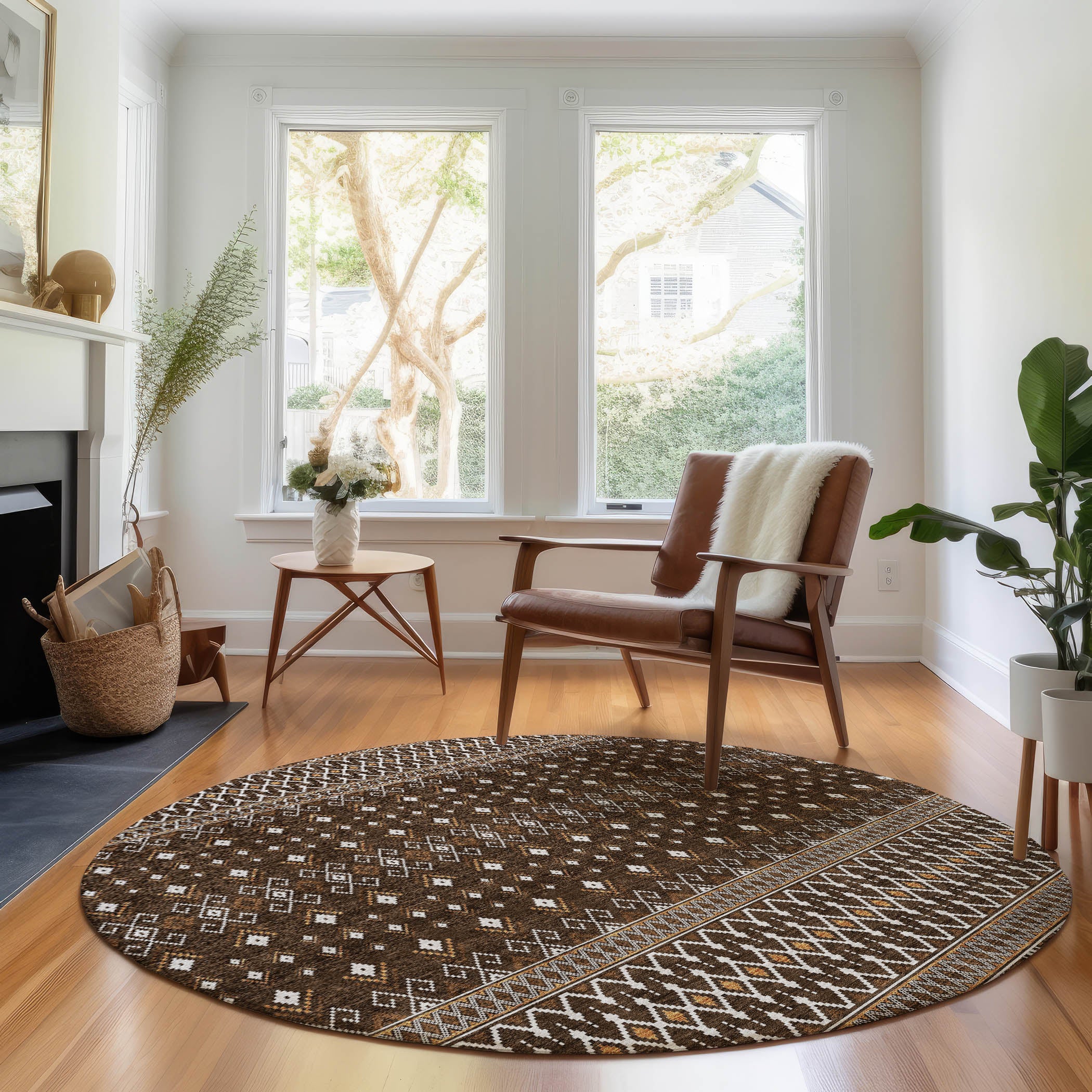 Split Machine Washable Transitional Chocolate Brown Rug 8' x 8' #shape_Round
